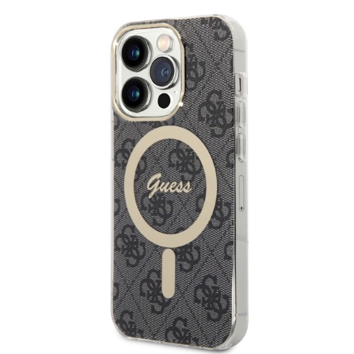 Custodia per telefono Guess su sfondo bianco, con motivo e logo Guess.