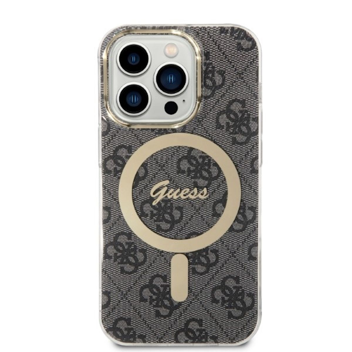 Custodia per telefono con logo Guess e anello dorato su un telefono con retro fantasia.