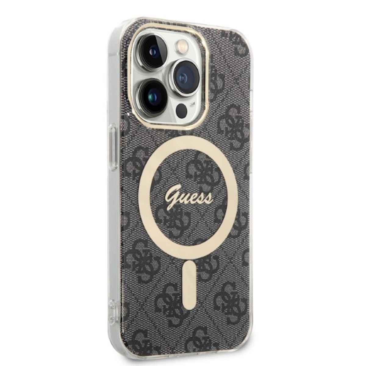 Una custodia per telefono con il logo e il design Guess. La custodia è su un telefono con tre fotocamere.