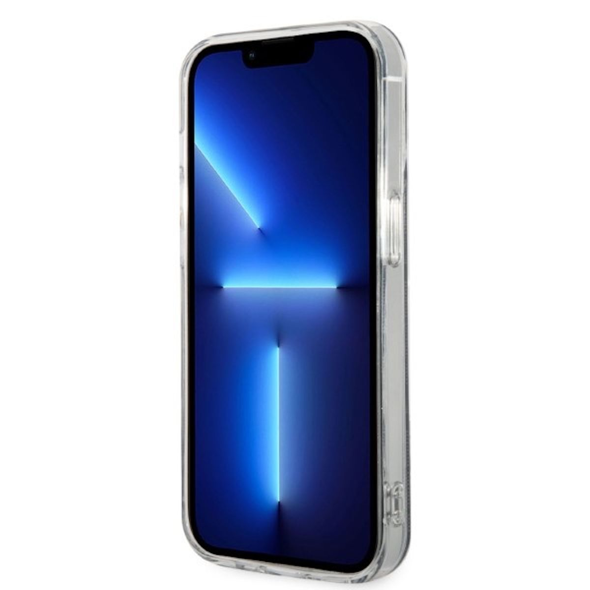 Un primo piano di uno smartphone con una custodia trasparente. Lo schermo mostra un design astratto blu e bianco.