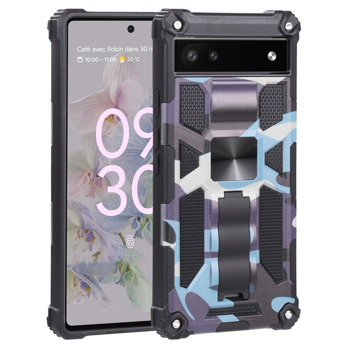 Telefon in Hülle. Die Hülle ist schwarz, blau und grau. Das Telefon zeigt Datum und Uhrzeit.
