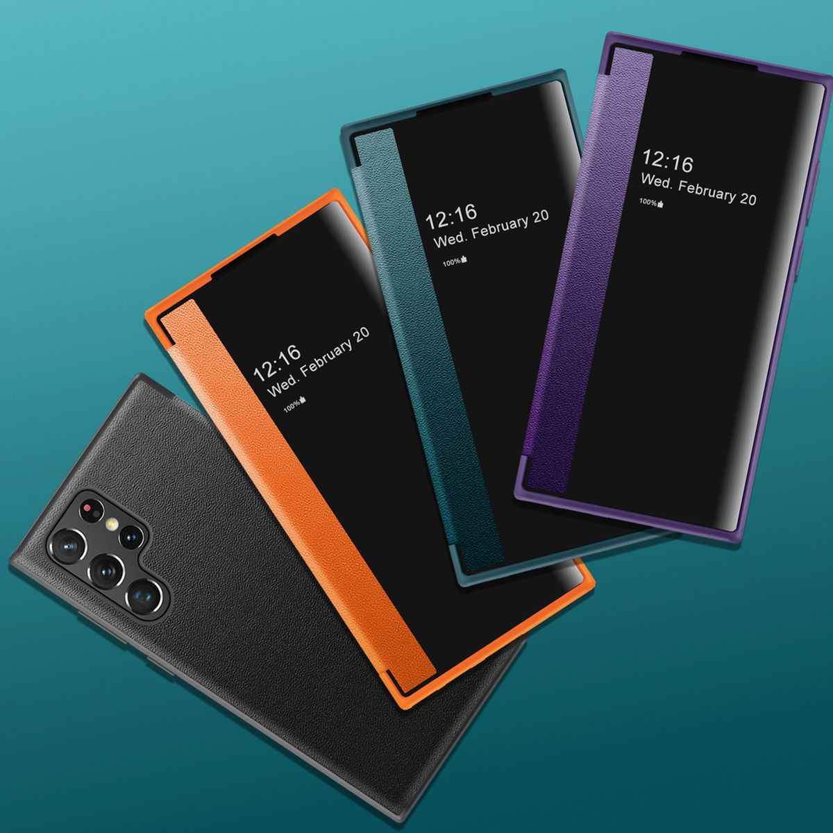Handyhüllen in Orange, Grün und Lila. Telefone zeigen 12:16, Mi. 20. Feb.