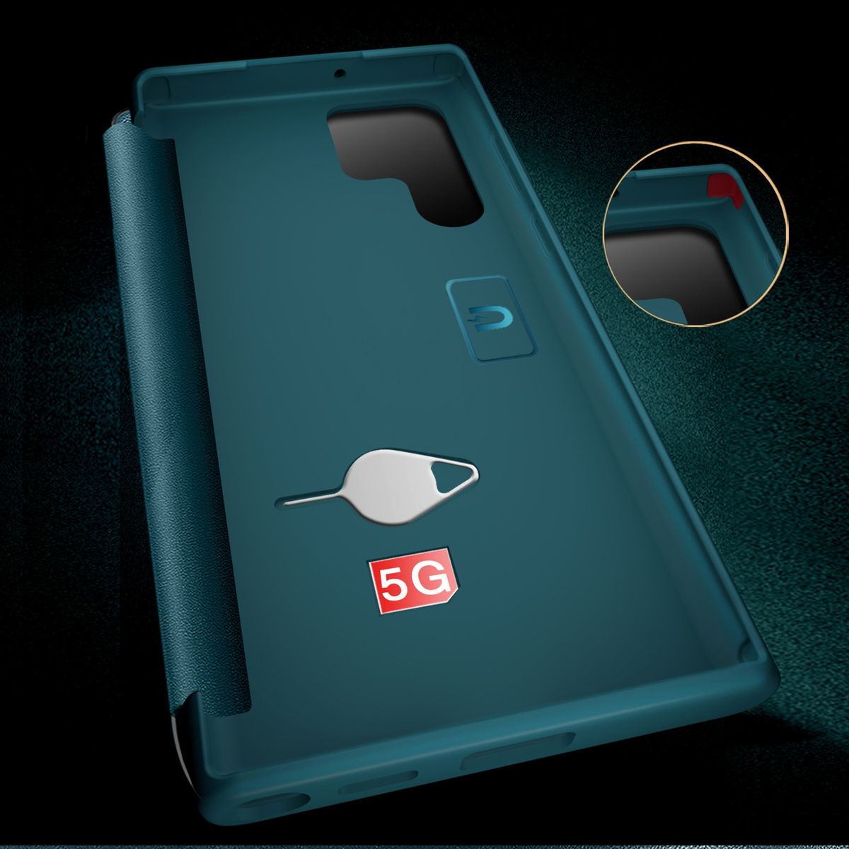 Türkisfarbene Handyhülle mit 5G-Logo und SIM-Karten-Tool. Dunkler Hintergrund.