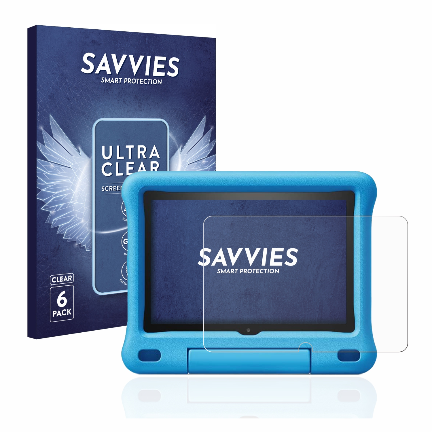 Blaues Tablet mit klarer Displayschutzfolie. Box mit SAVVIES, Ultra Clear. 6er-Pack.