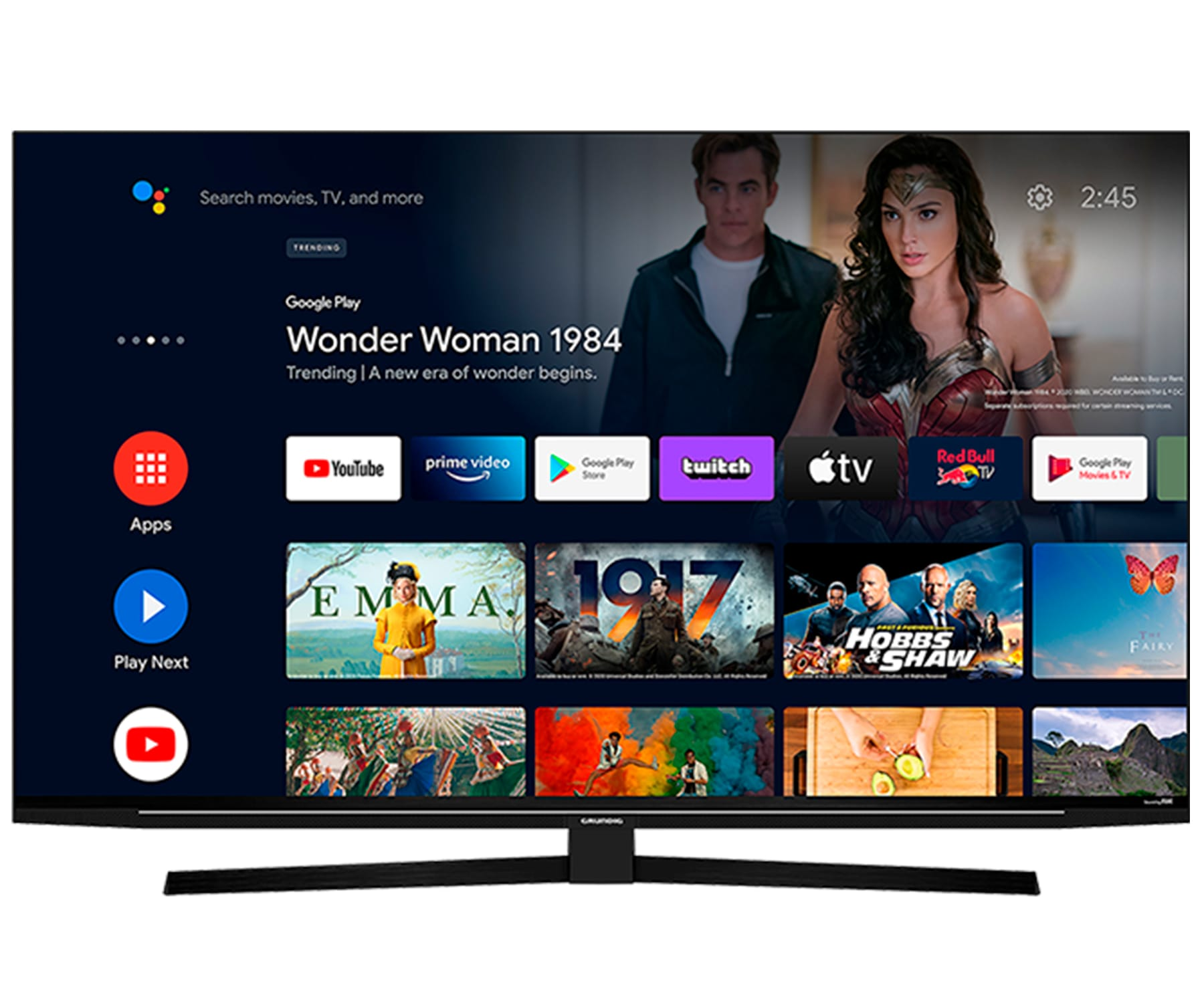Televisor Grundig grande mostrando Wonder Woman 1984 e iconos de aplicaciones de streaming.