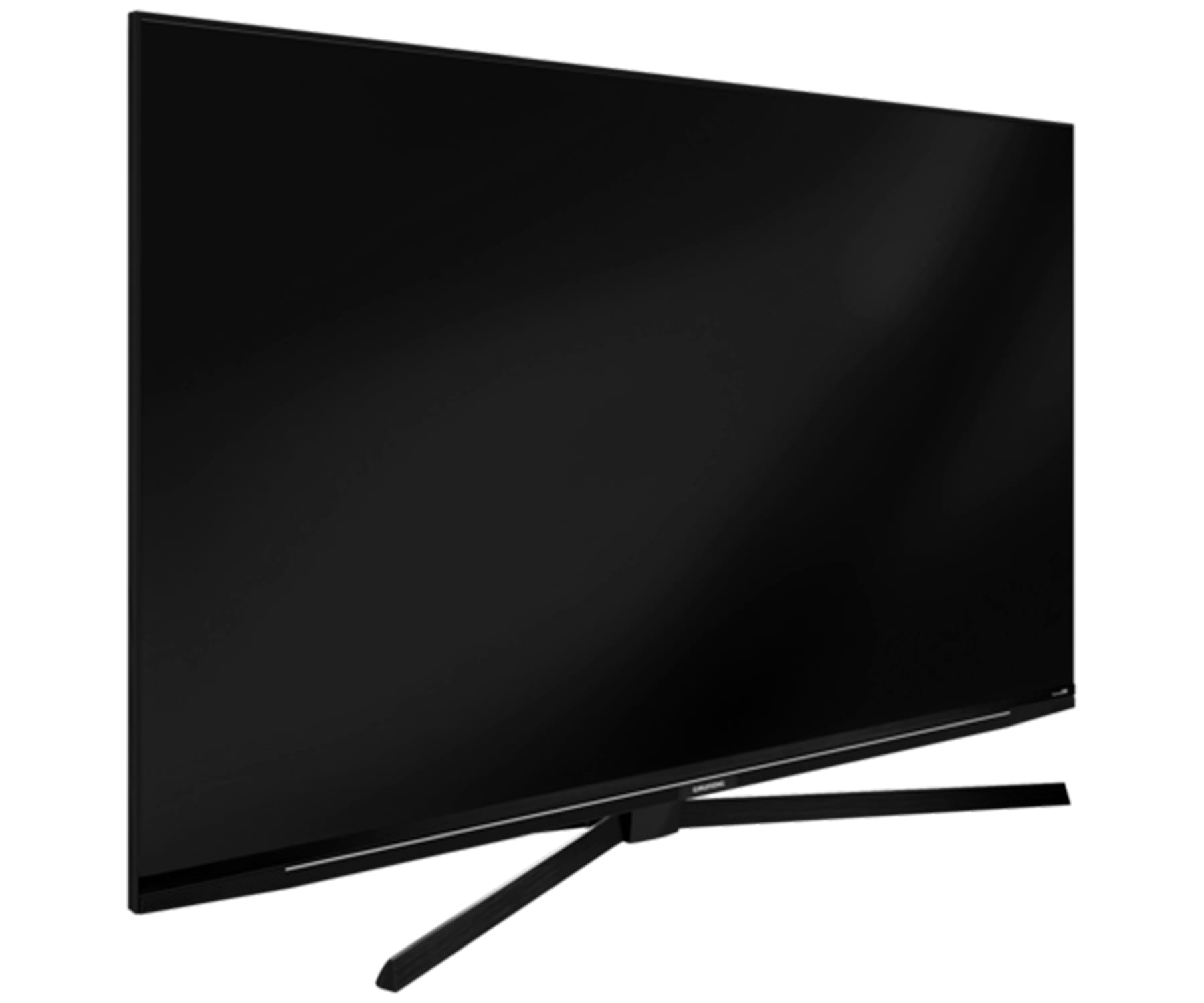Un televisor Samsung negro grande con un marco delgado y un soporte de dos patas, vista en ángulo sobre un fondo negro.