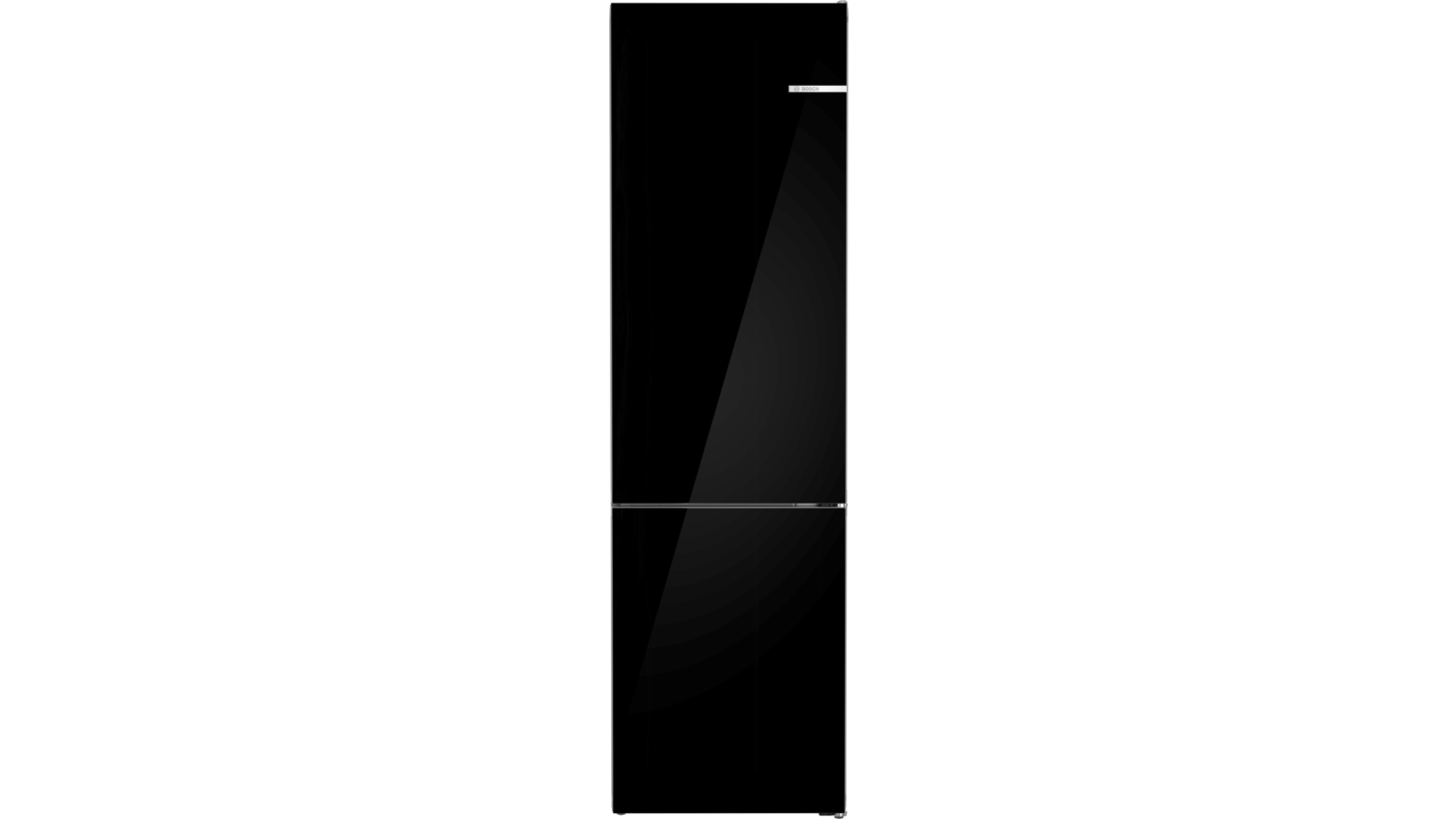 Wysoka, czarna lodówka z lustrzanymi drzwiami.