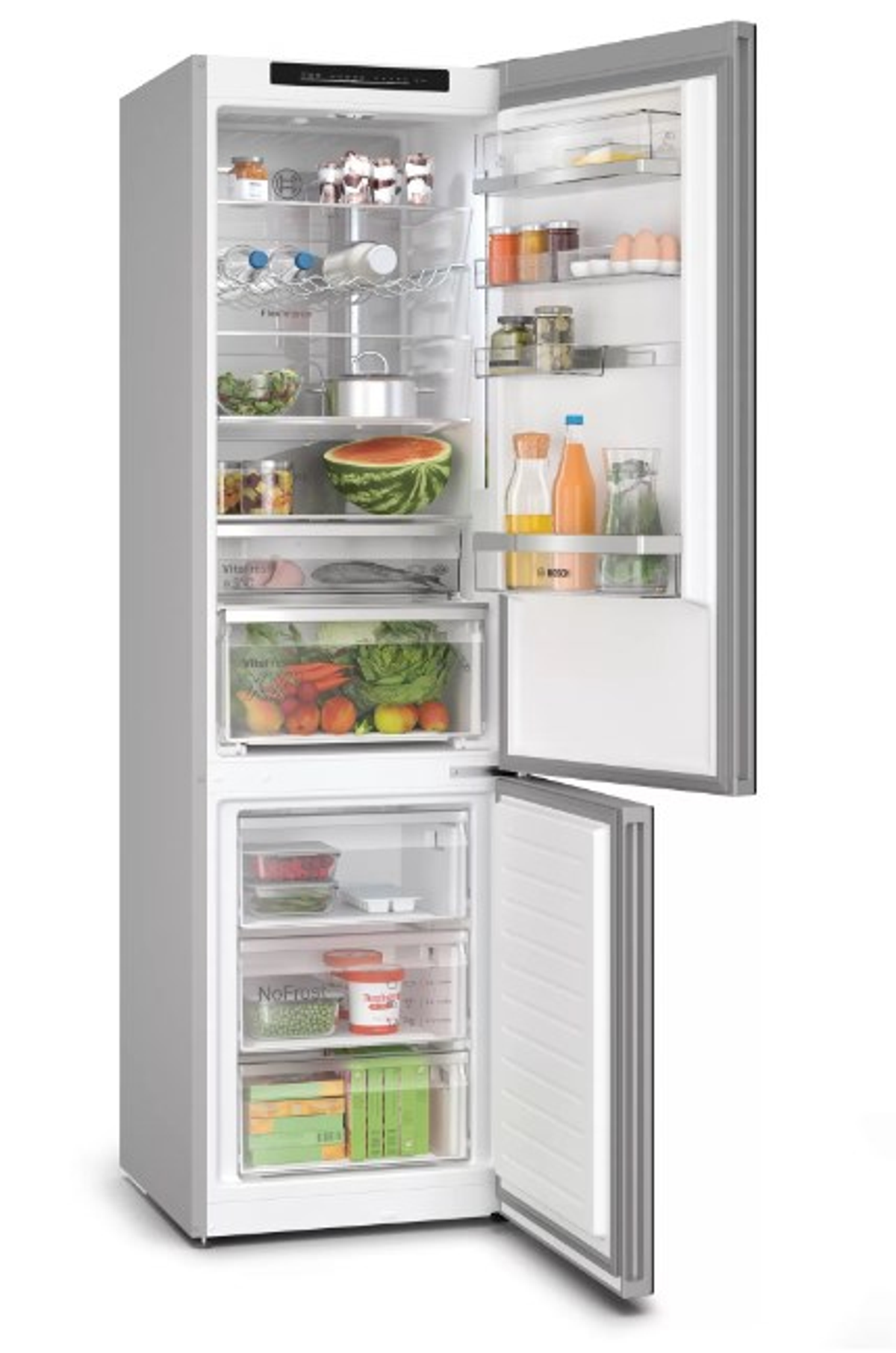 Otwarta lodówka z jedzeniem w środku, w tym owoce, warzywa i napoje.