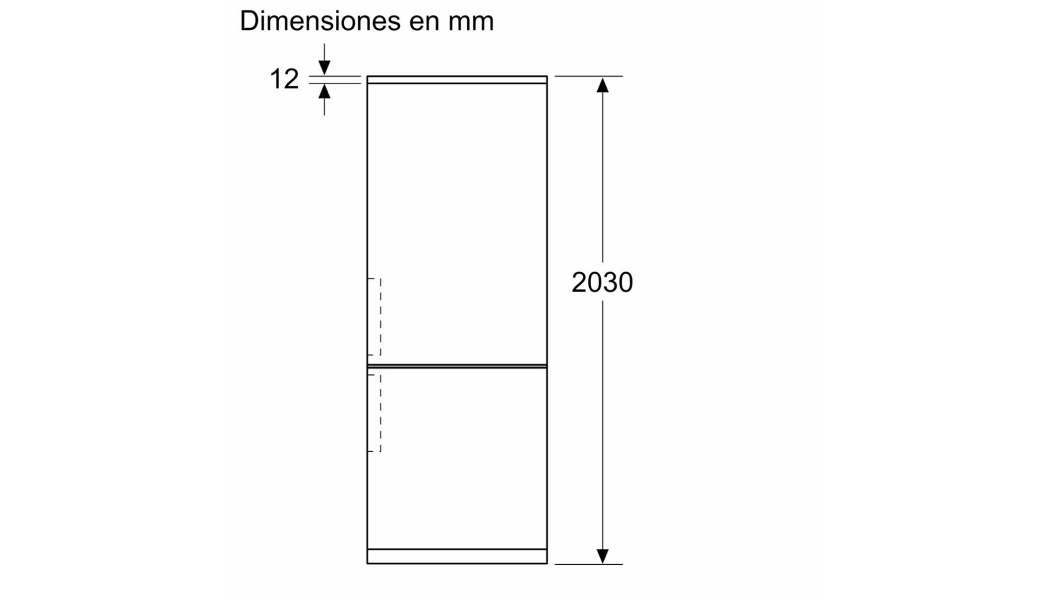 Schemat lodówki. Pokazuje wymiary: 12 mm szerokości, 2030 mm wysokości.