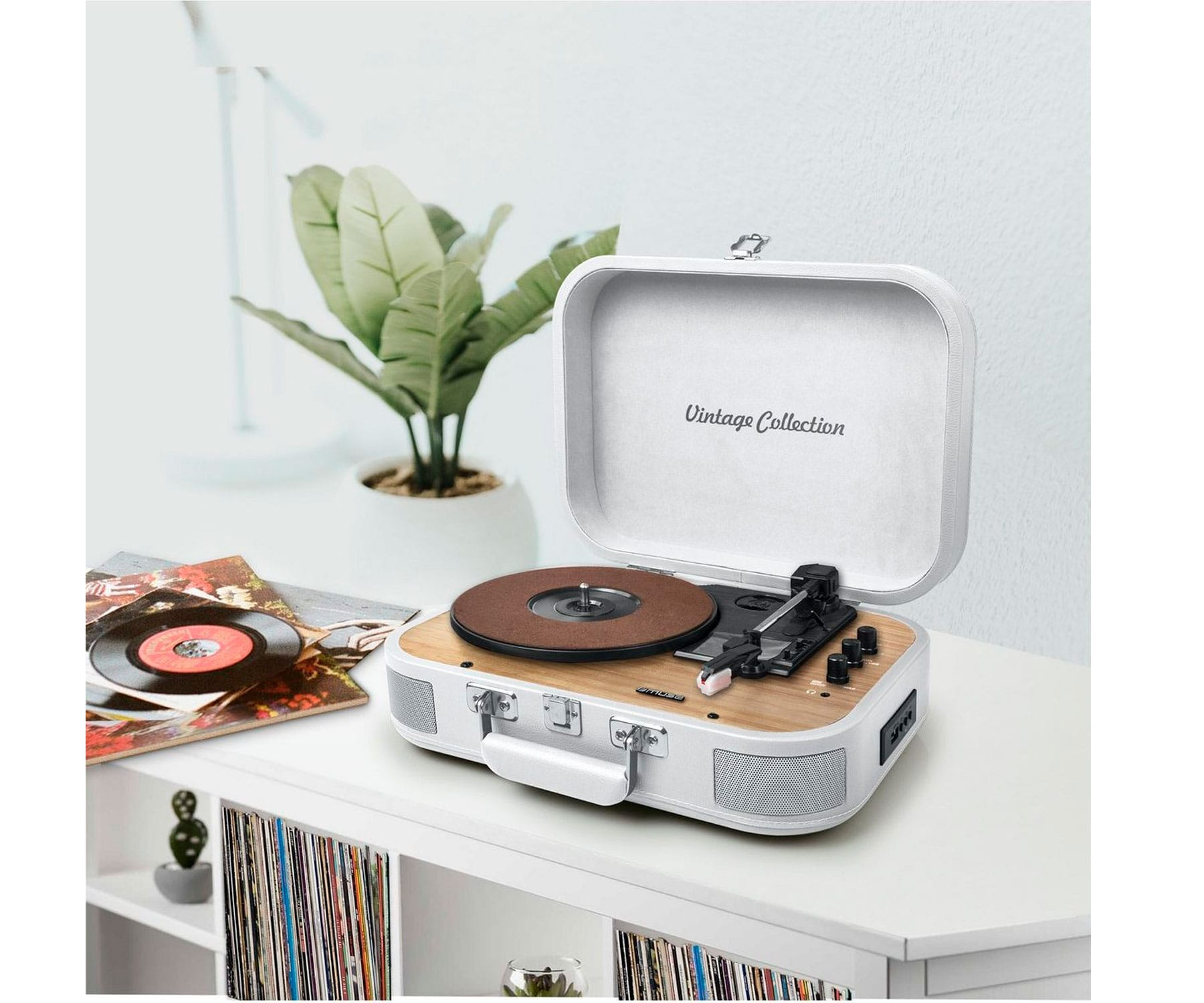 Tocadiscos blanco con discos de vinilo y planta en una estantería blanca.