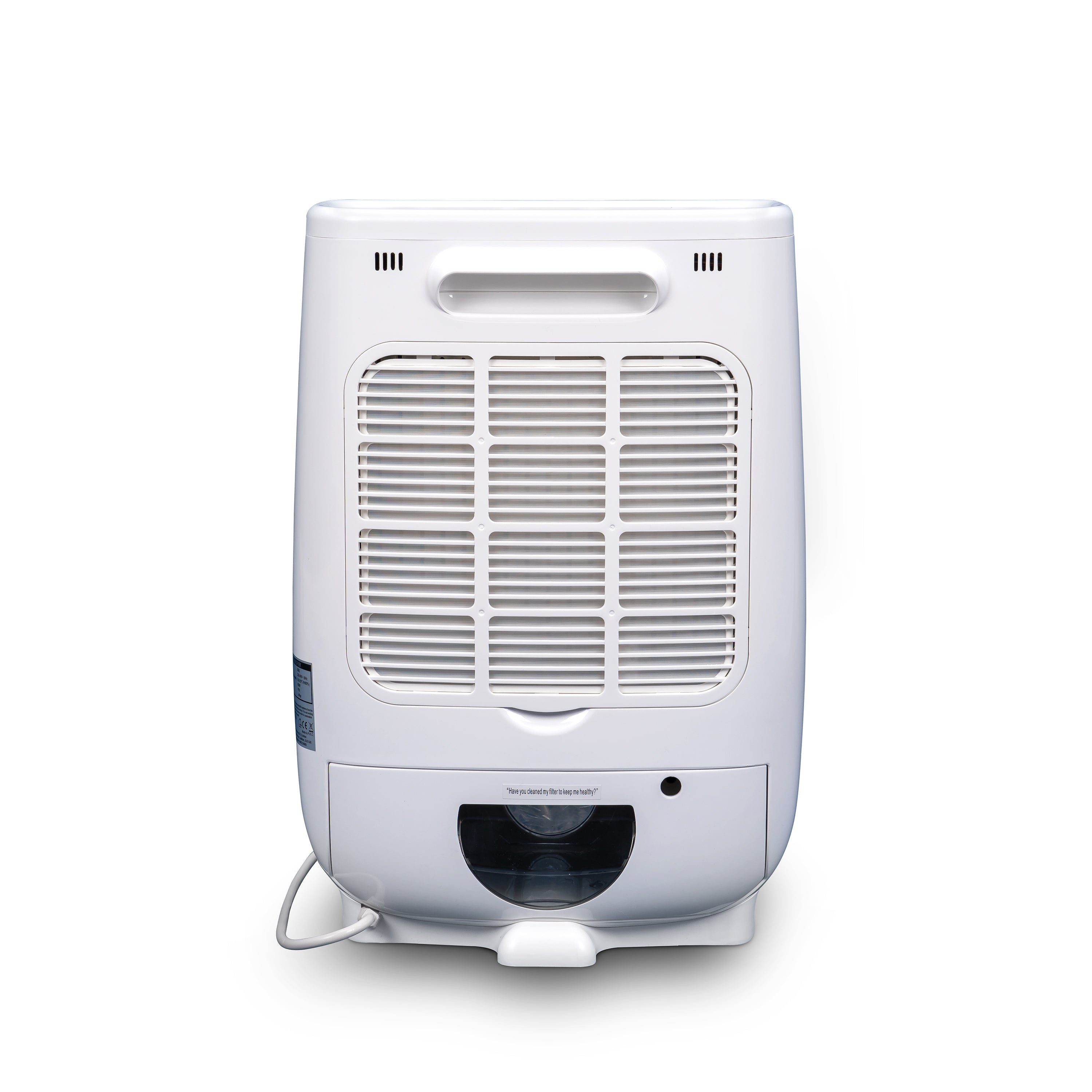 Biały osuszacz z otworem wentylacyjnym z przodu. Tył pokazuje wylot powietrza i zbiornik na wodę.