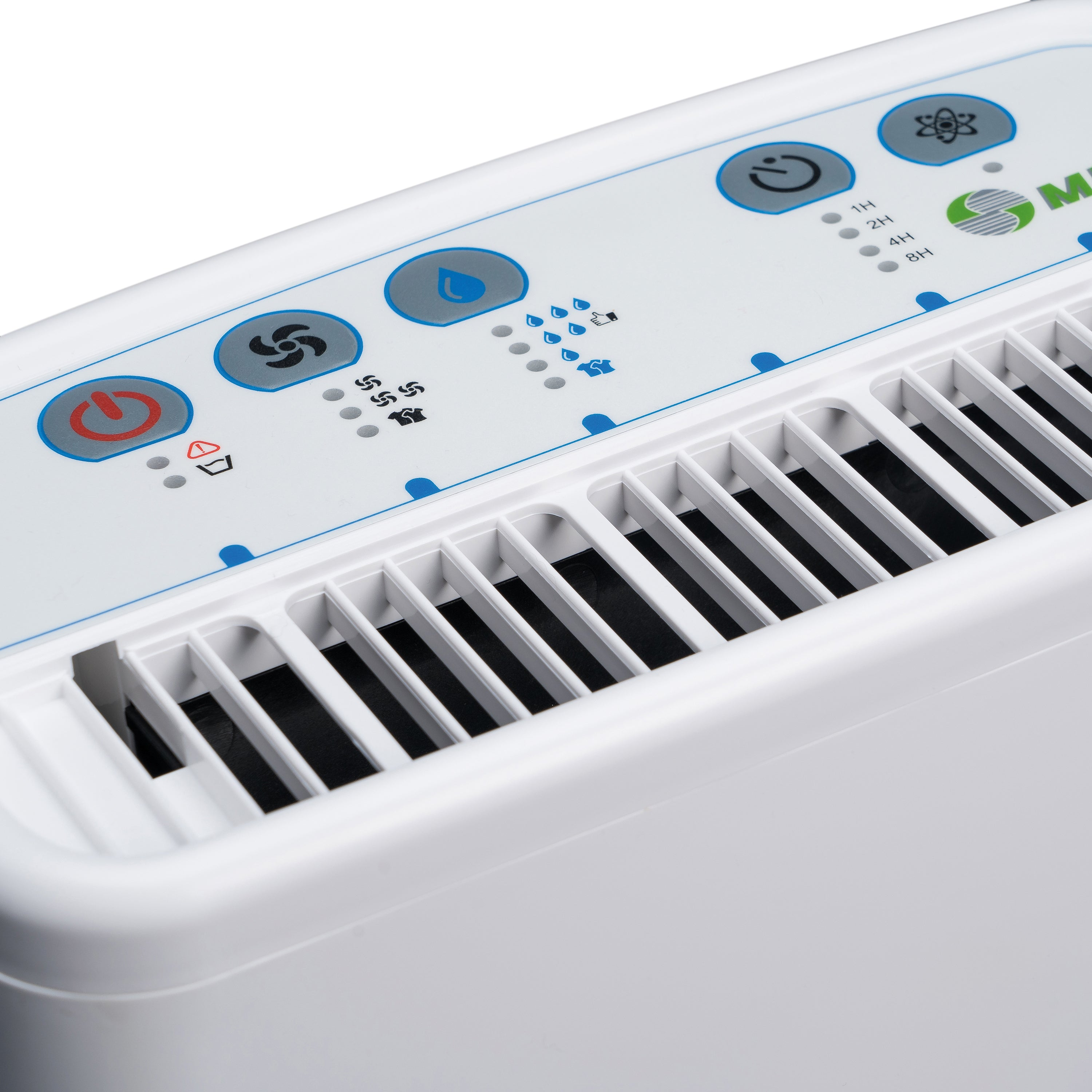 Zbliżenie białego oczyszczacza powietrza z przyciskami i wentylacją. Ma symbol wentylatora i kropli wody.