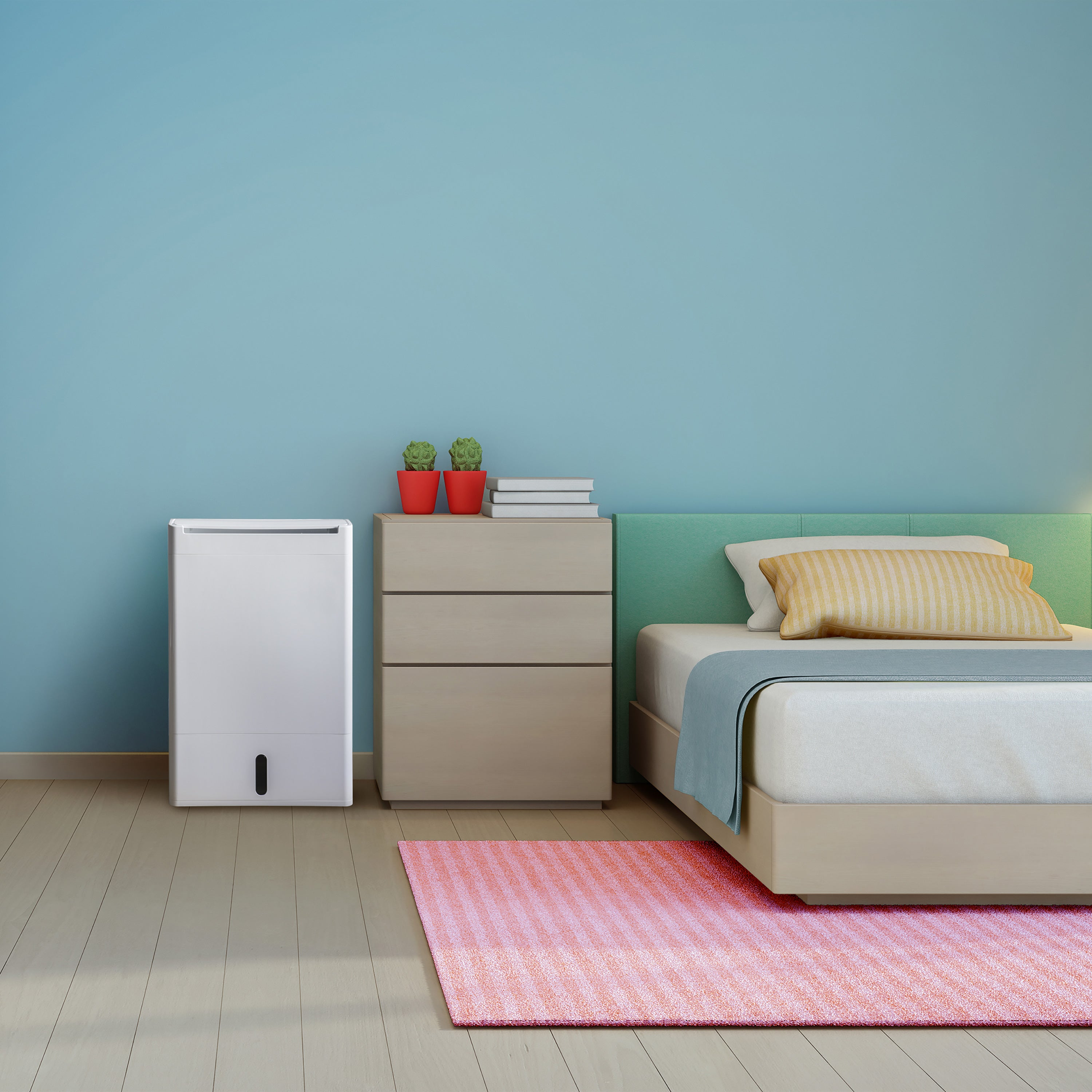 Sypialnia z łóżkiem, szafką nocną, oczyszczaczem powietrza i różowym dywanem.