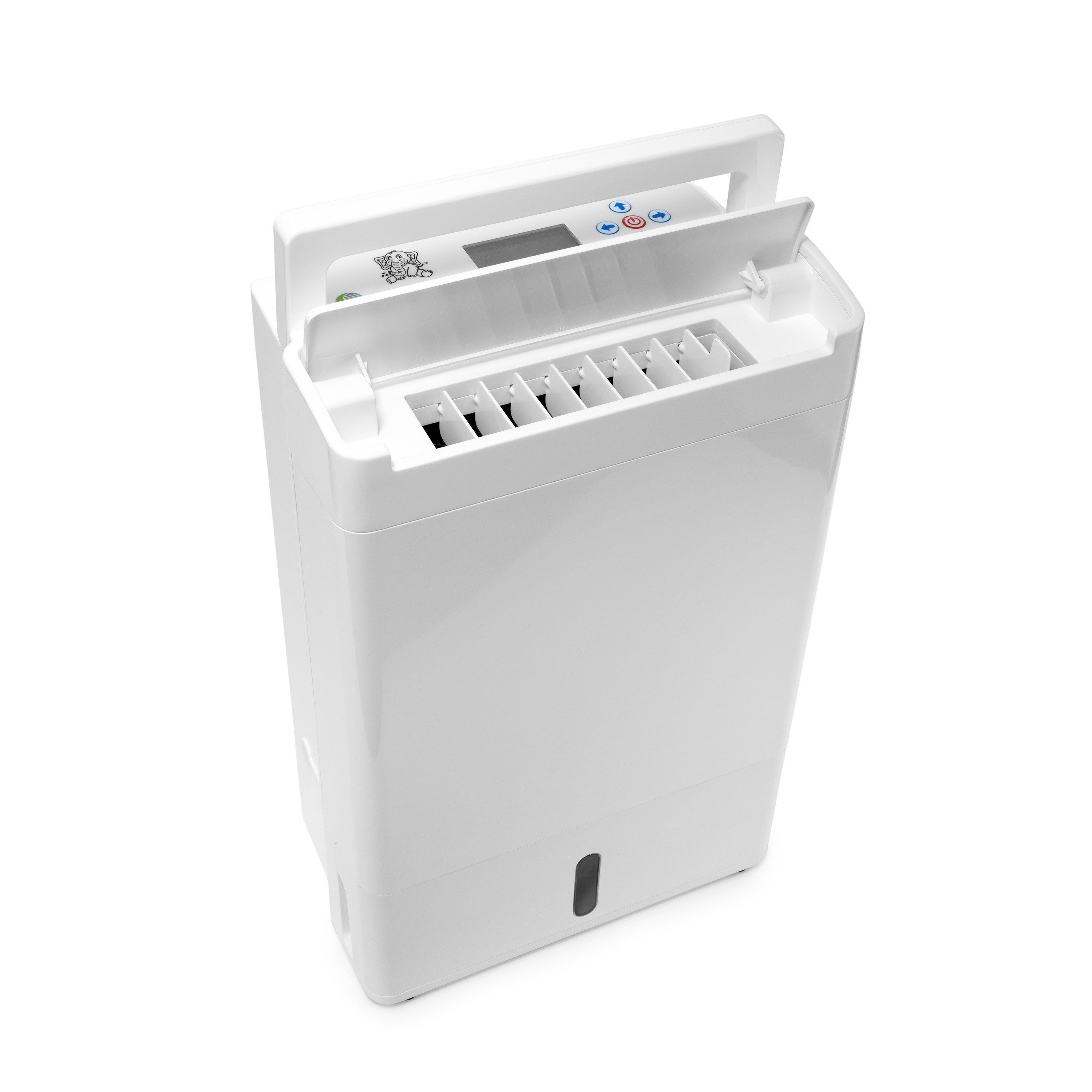 Biały osuszacz powietrza. Widok z góry z otwartą pokrywą i przyciskami.