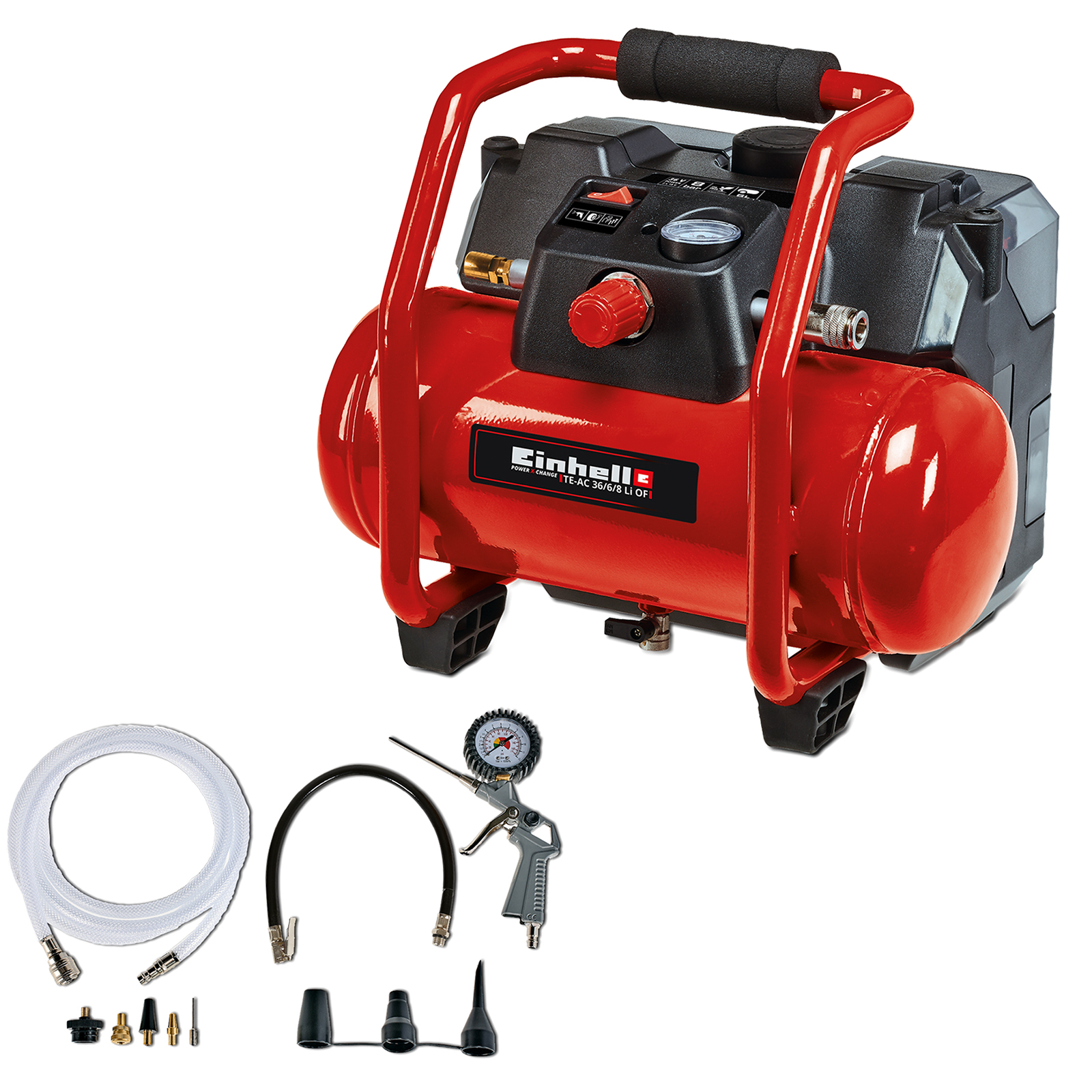 Compressore d'aria rosso con accessori. Include un tubo, un manometro e vari ugelli.