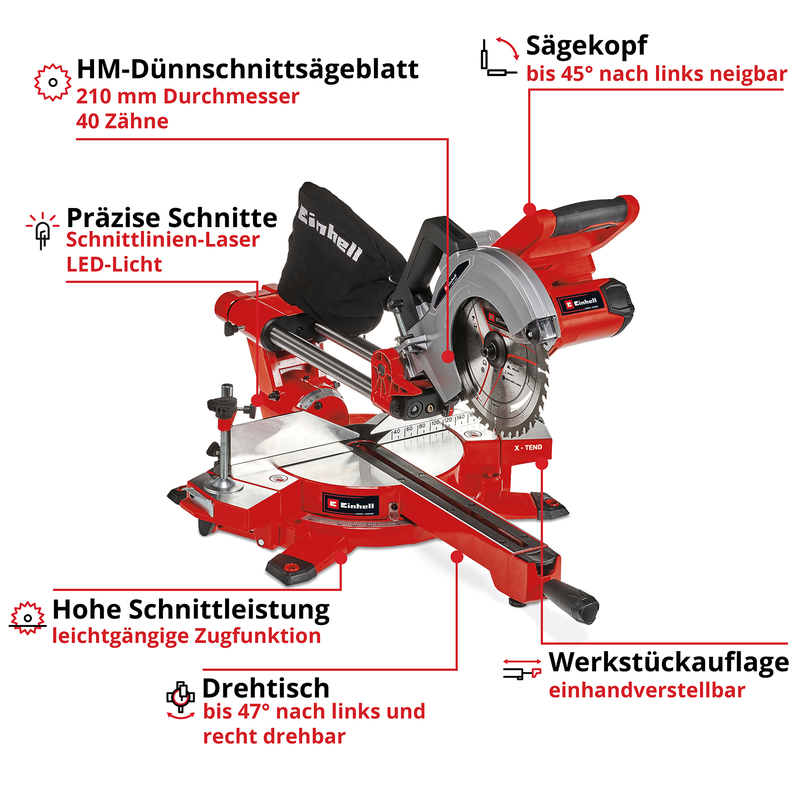 Rote und schwarze Säge mit Etiketten. Es ist ein Elektrowerkzeug mit Sägeblatt und Sicherheitsmerkmalen.