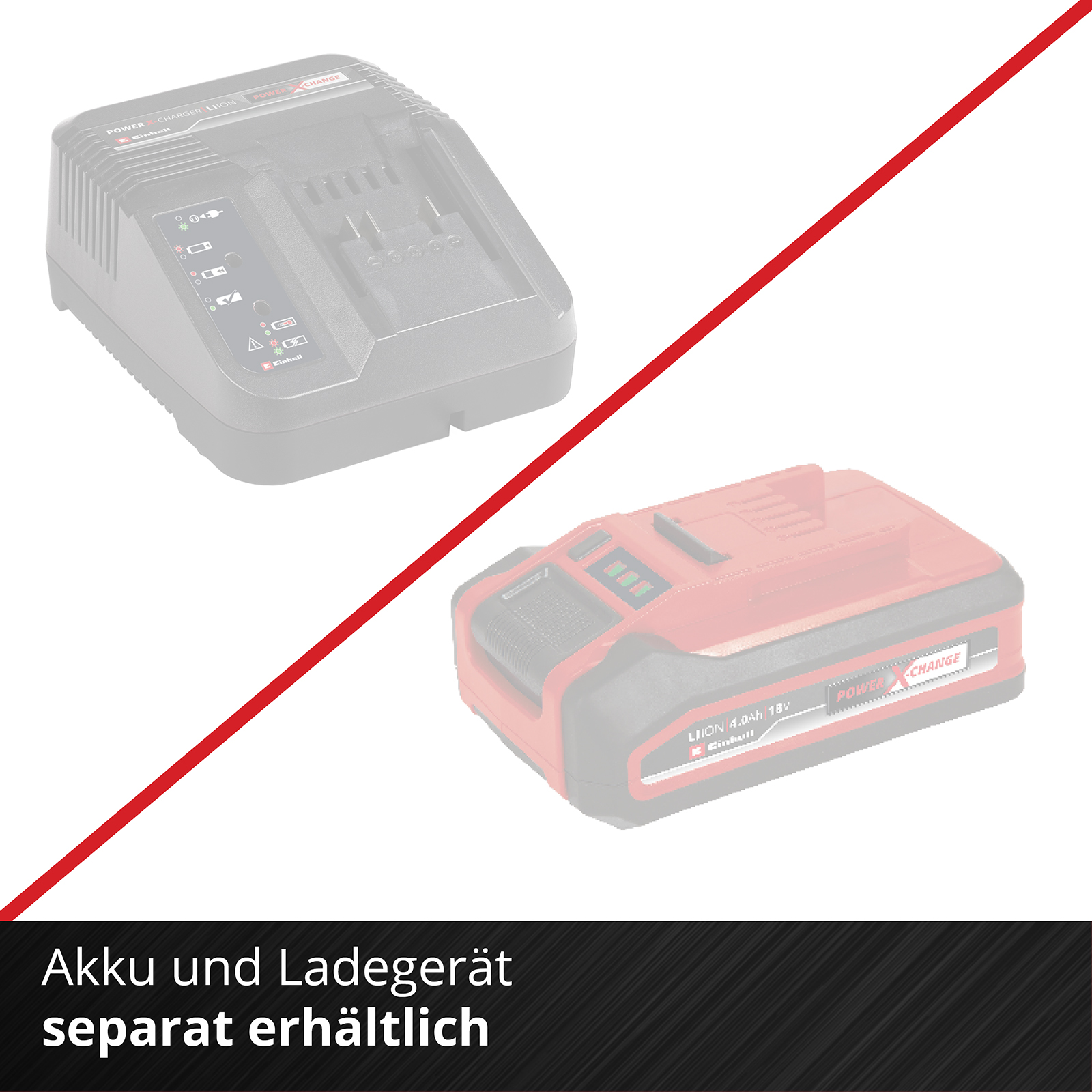 Un'immagine di un caricabatterie nero e rosso e una batteria rossa, entrambi parzialmente visibili.
