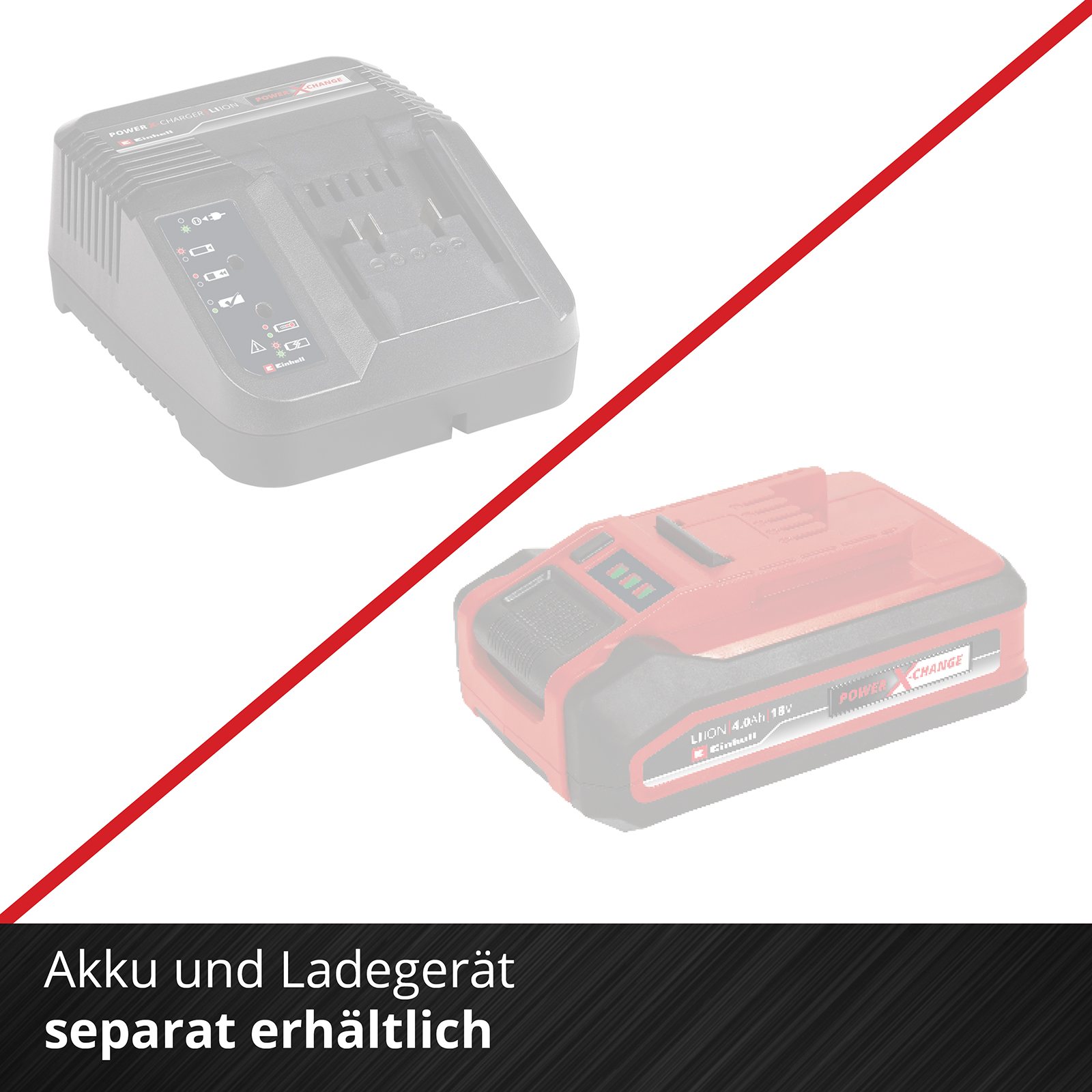 Batteria e caricabatterie sono mostrati, ma separati da una linea rossa, disponibili separatamente.