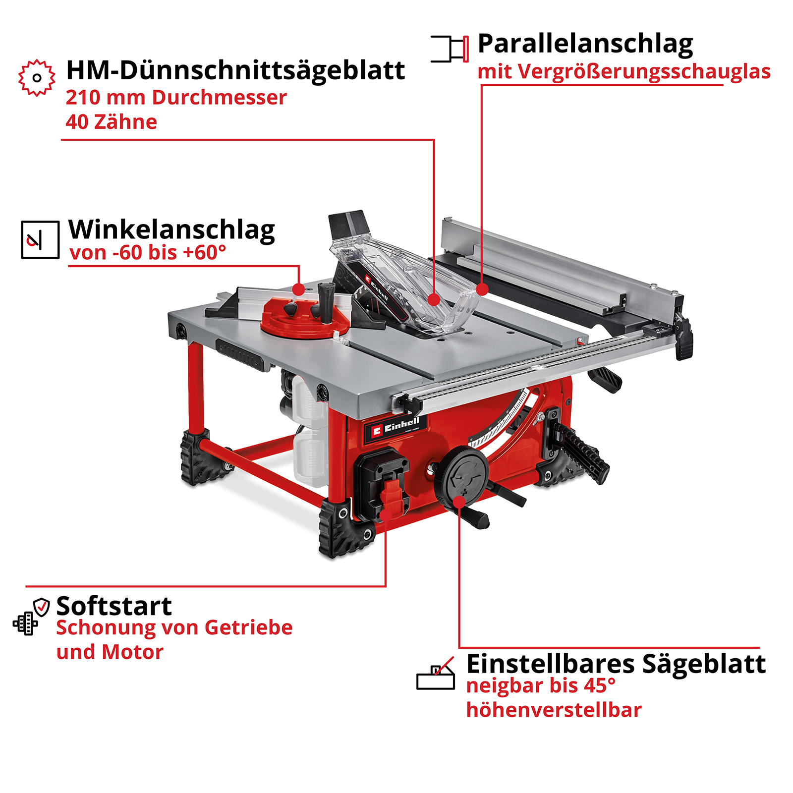 Rote und graue Tischkreissäge mit roten Akzenten. Verfügt über ein verstellbares Sägeblatt.
