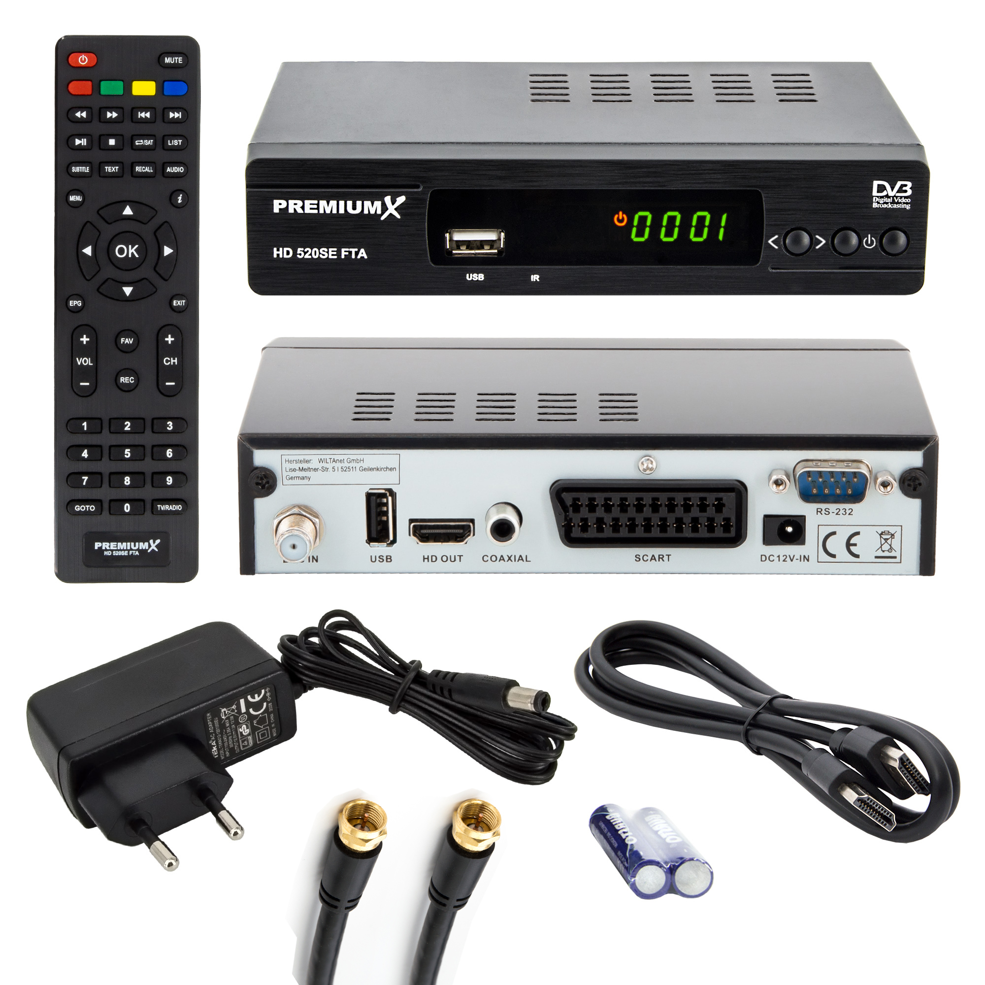 PREMIUMX HD 520SE-B FTA Receiver: DVB-S2, Full HD, SAT, HDMI, SCART, USB, Mediaplayer, 3m Antennenkabel HD Sat Receiver (Schwarz)