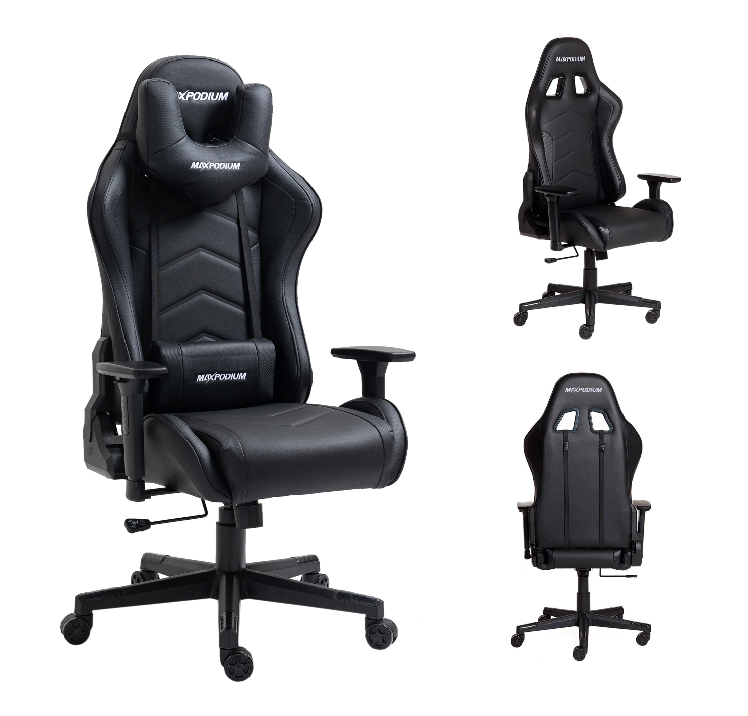 Chaise gaming MAXPODIUM noire. Trois vues : avant, côté et arrière. Caractéristiques : appui-tête, support lombaire, accoudoirs et base à cinq roues.