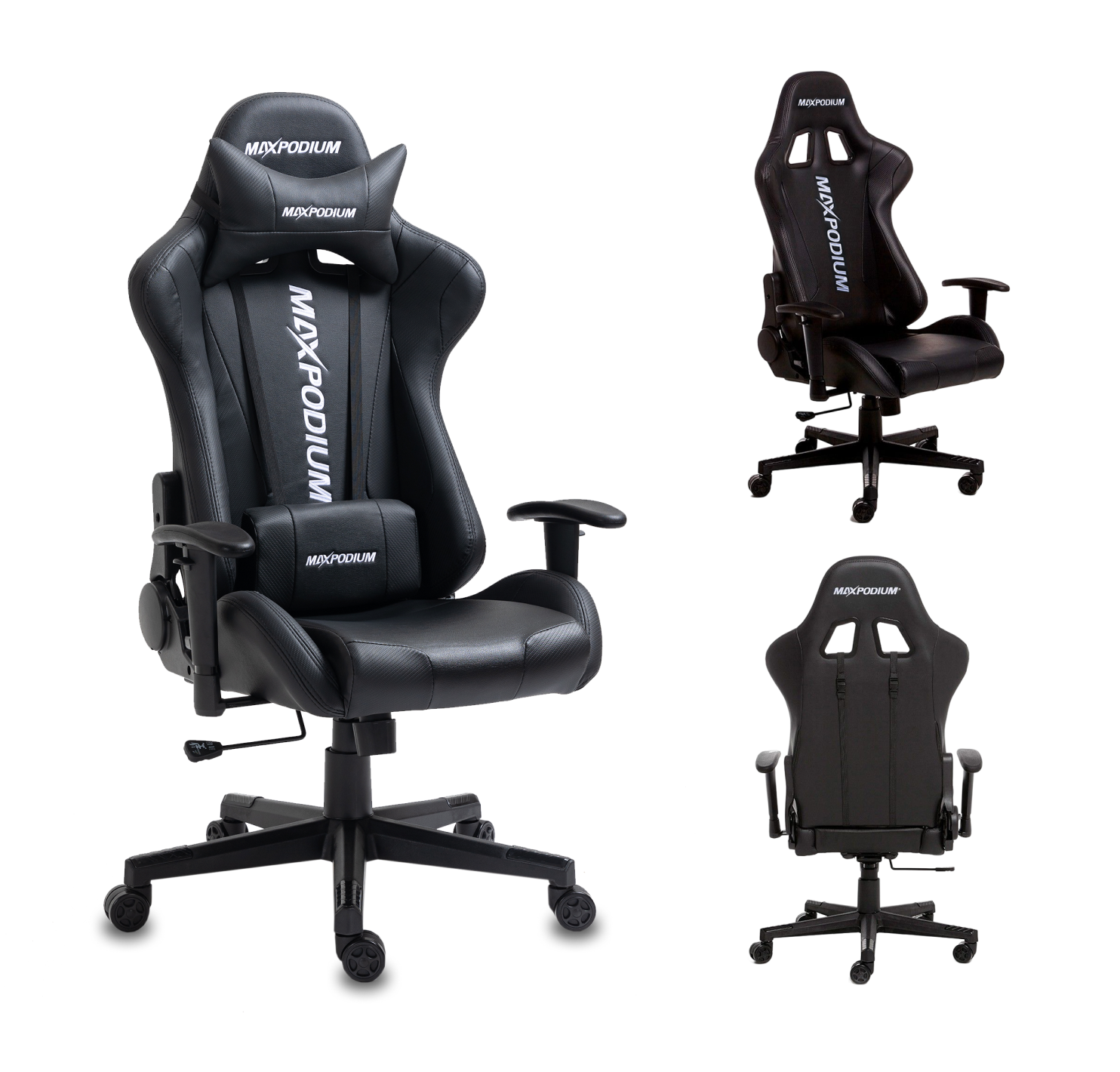 Schwarzer Gaming-Stuhl mit Kopf- und Lendenwirbelstütze, Seitenansichten dargestellt.