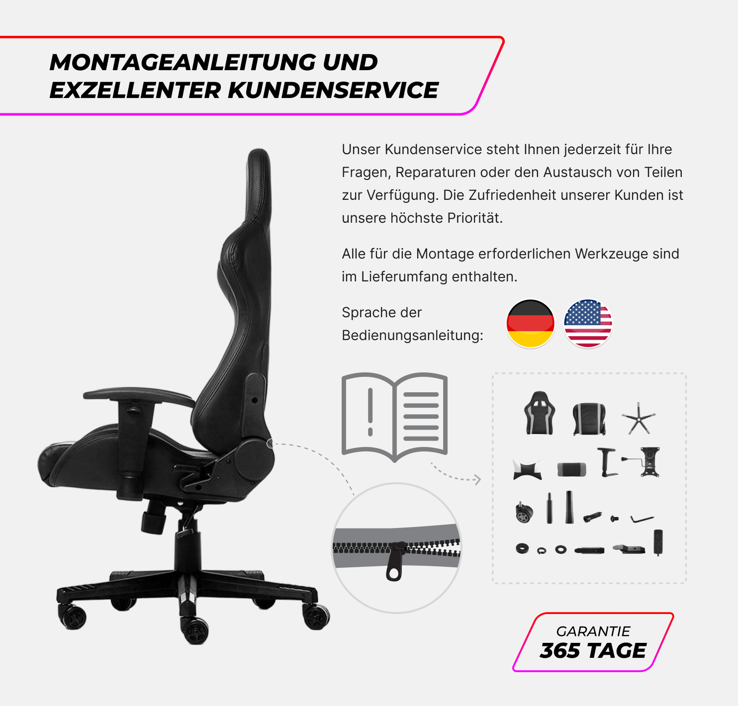 Schwarzer Gaming-Stuhl mit Anweisungen. Texte und Diagramme. Garantie-Details. Weißer Hintergrund.