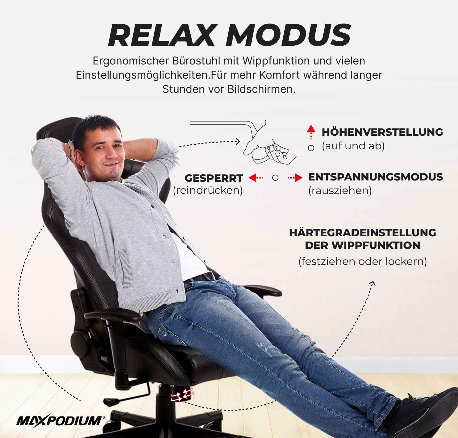 Ein Mann entspannt sich in einem schwarzen ergonomischen Bürostuhl mit Text über ergonomische Eigenschaften.