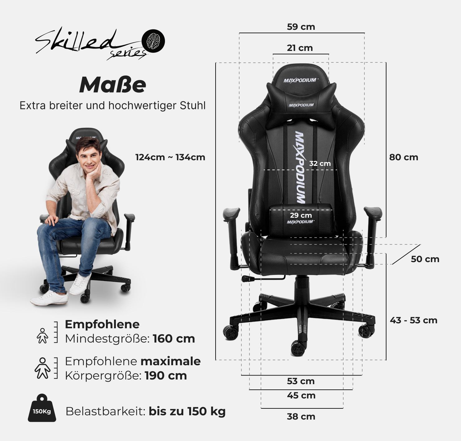 Ein Gaming-Stuhl mit einem Mann, der darin sitzt, mit Abmessungen und Text.