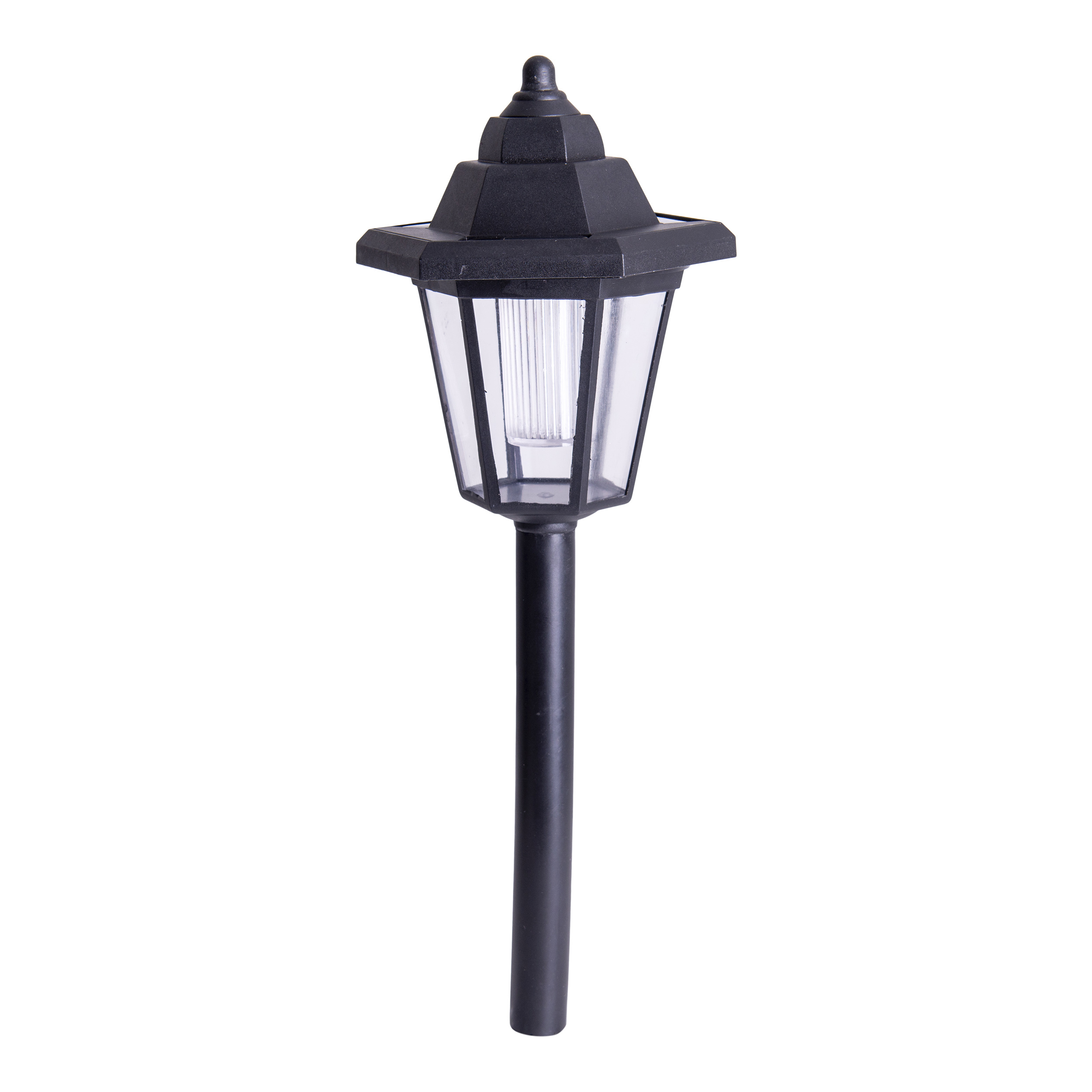 Schwarze Solar-Gartenlaterne mit klarem Licht. Sie hat eine spitze Spitze. Weißer Hintergrund.