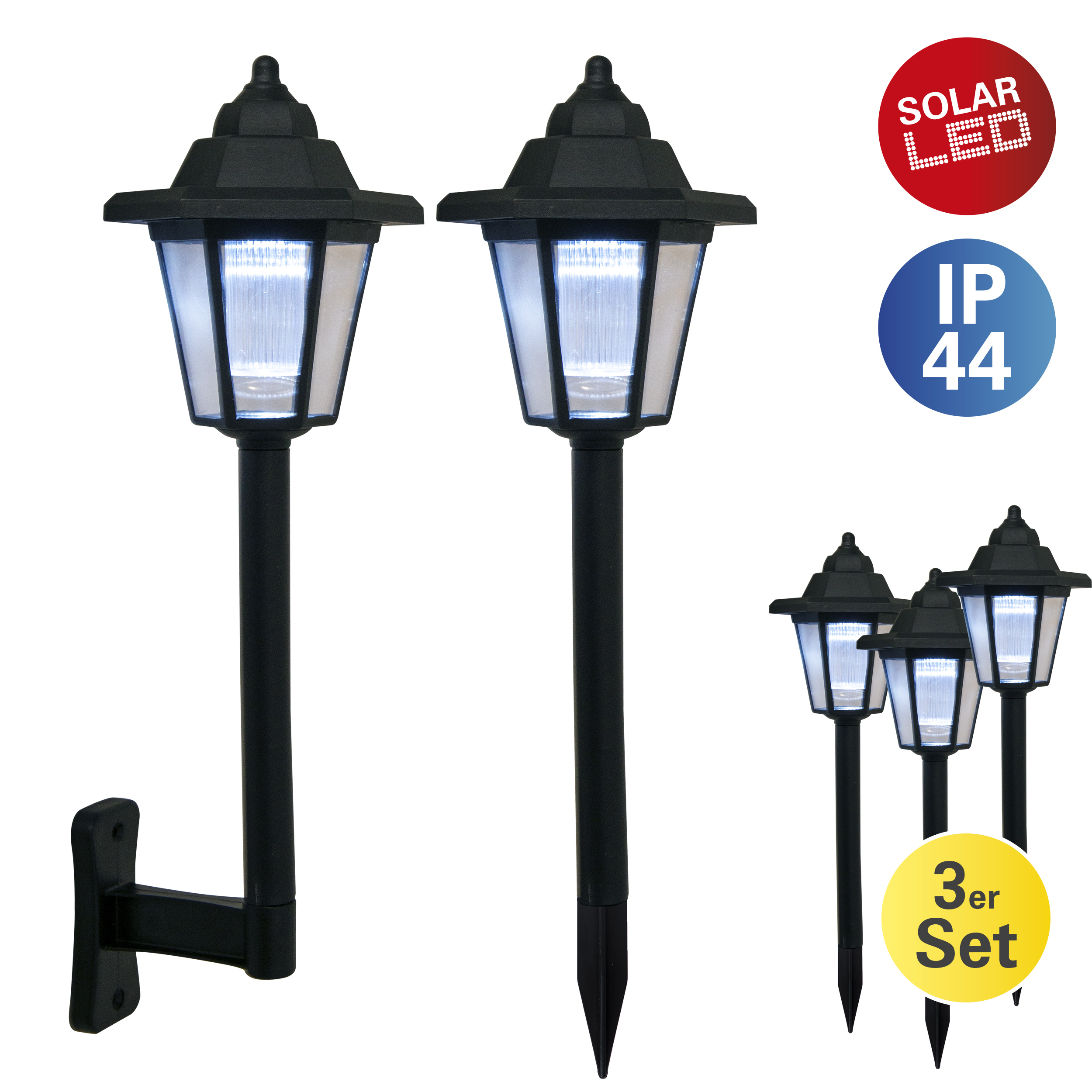 Set von Außenlampen mit schwarzen Pfosten, weißem Licht und Text: Solar LED, IP44, 3er Set.