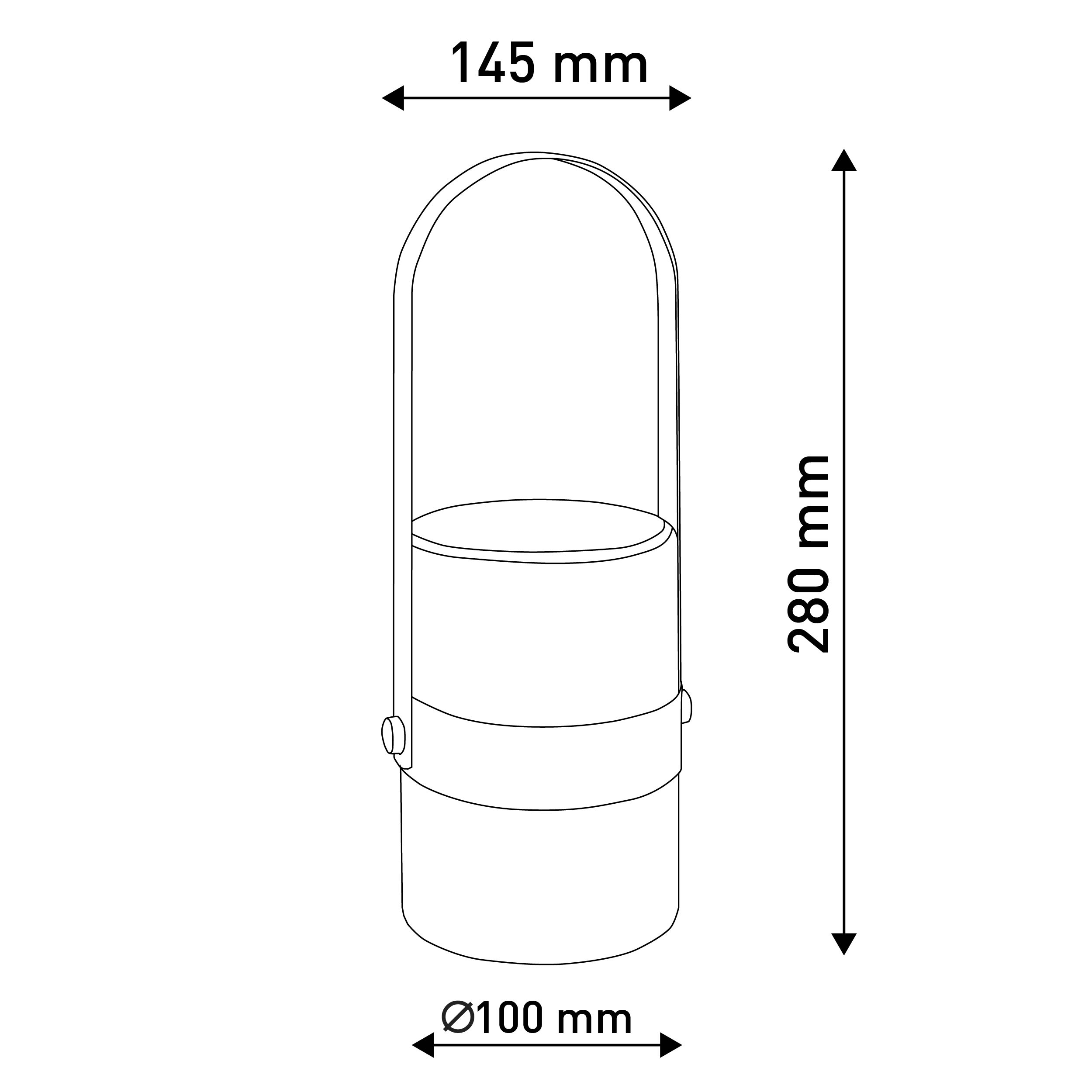 Weiße Maßzeichnung mit zylindrischem Behälter. Abmessungen: 145 mm x 280 mm, Ø100 mm.