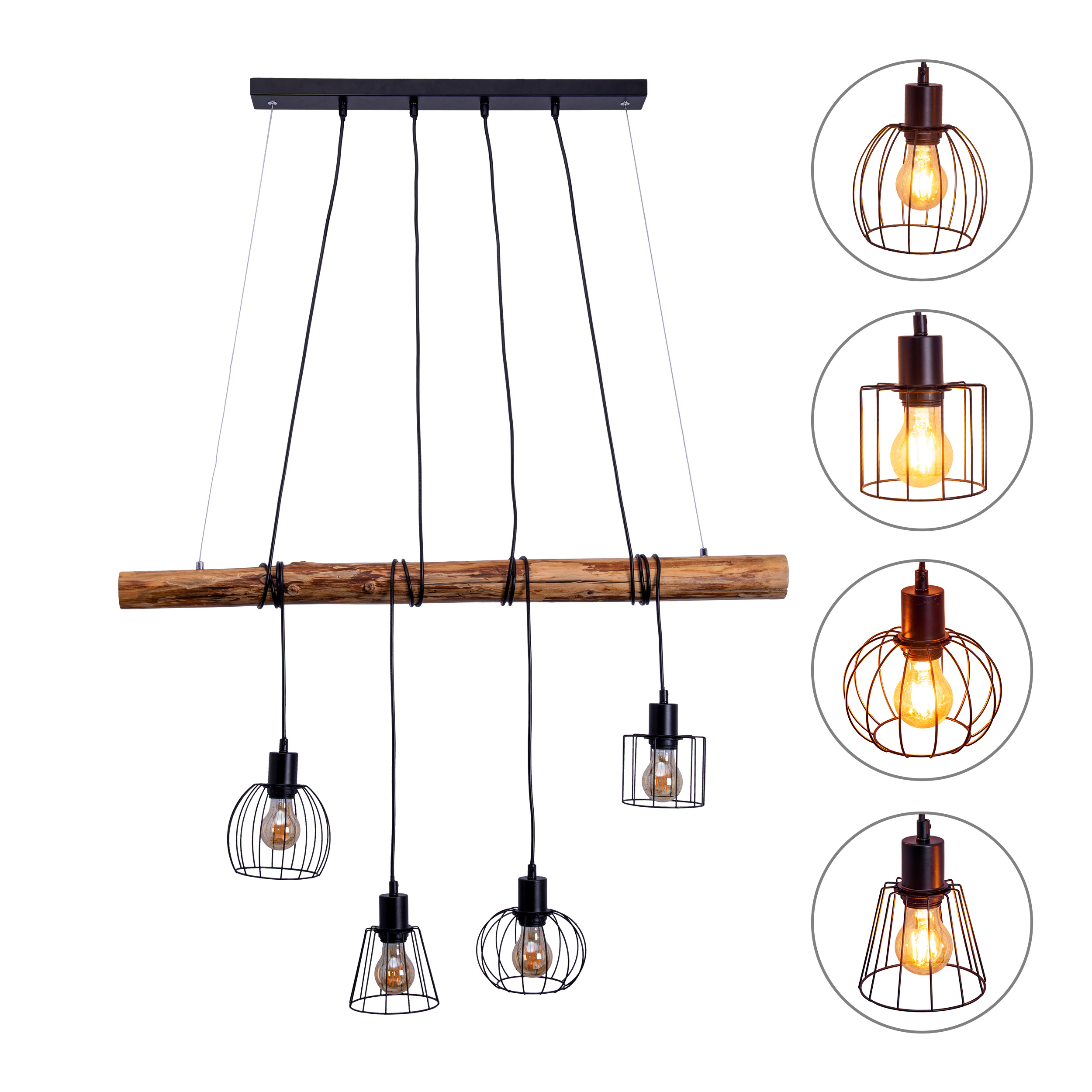 Lustre noir, moderne, avec cinq luminaires et une poutre en bois.