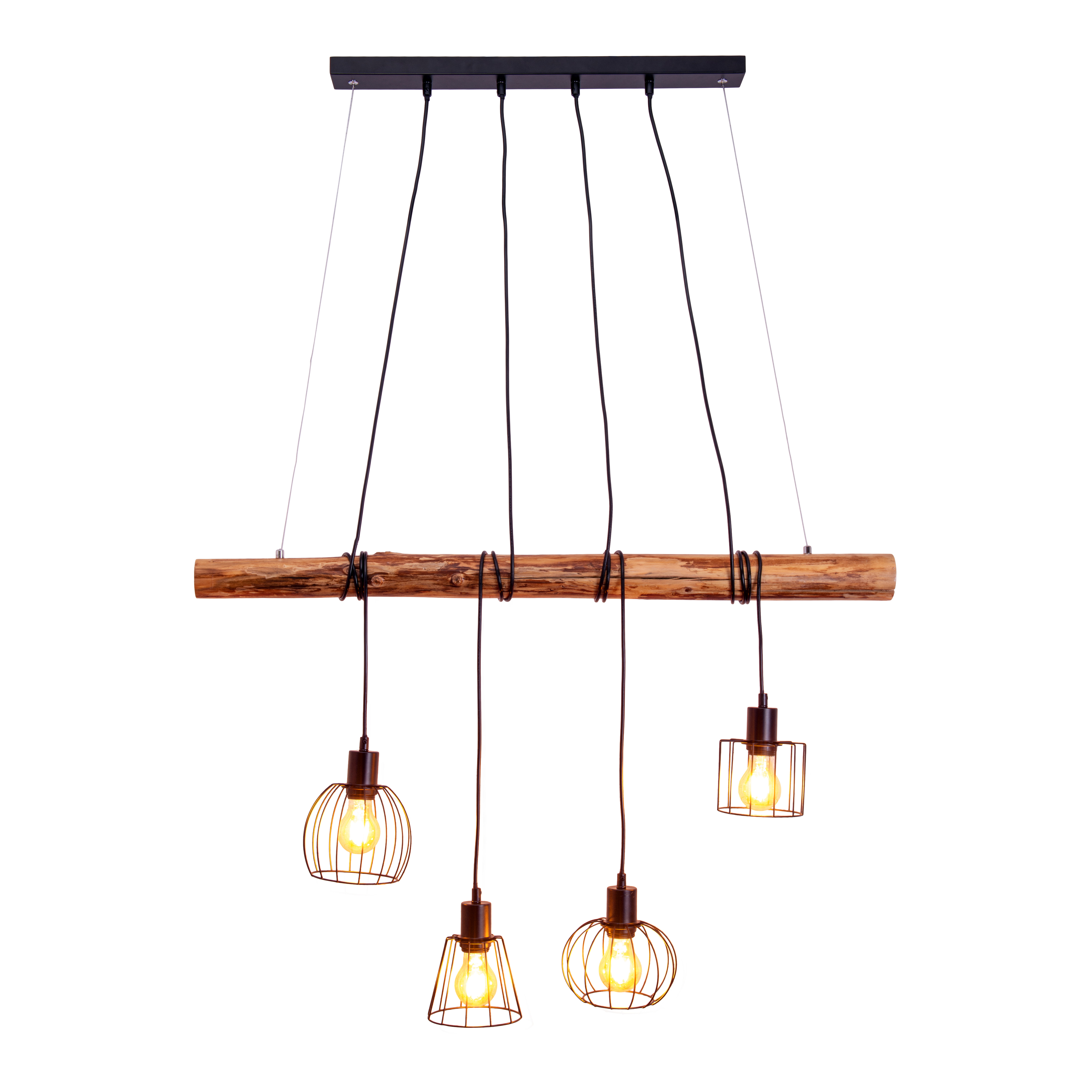 Poutre en bois avec suspensions, quatre lampes avec cadres en fil de fer et ampoules apparentes.