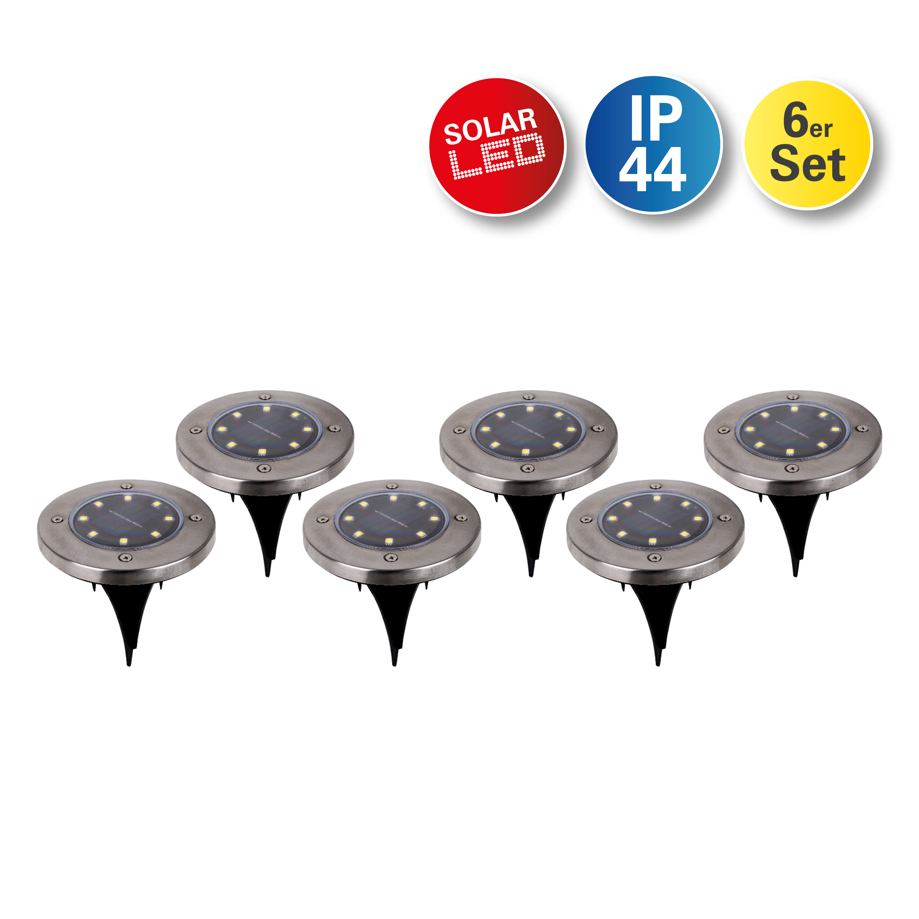 Sechs Solar-LED-Gartenleuchten. Jede hat einen runden, silbernen Kopf und einen schwarzen Pfahl.