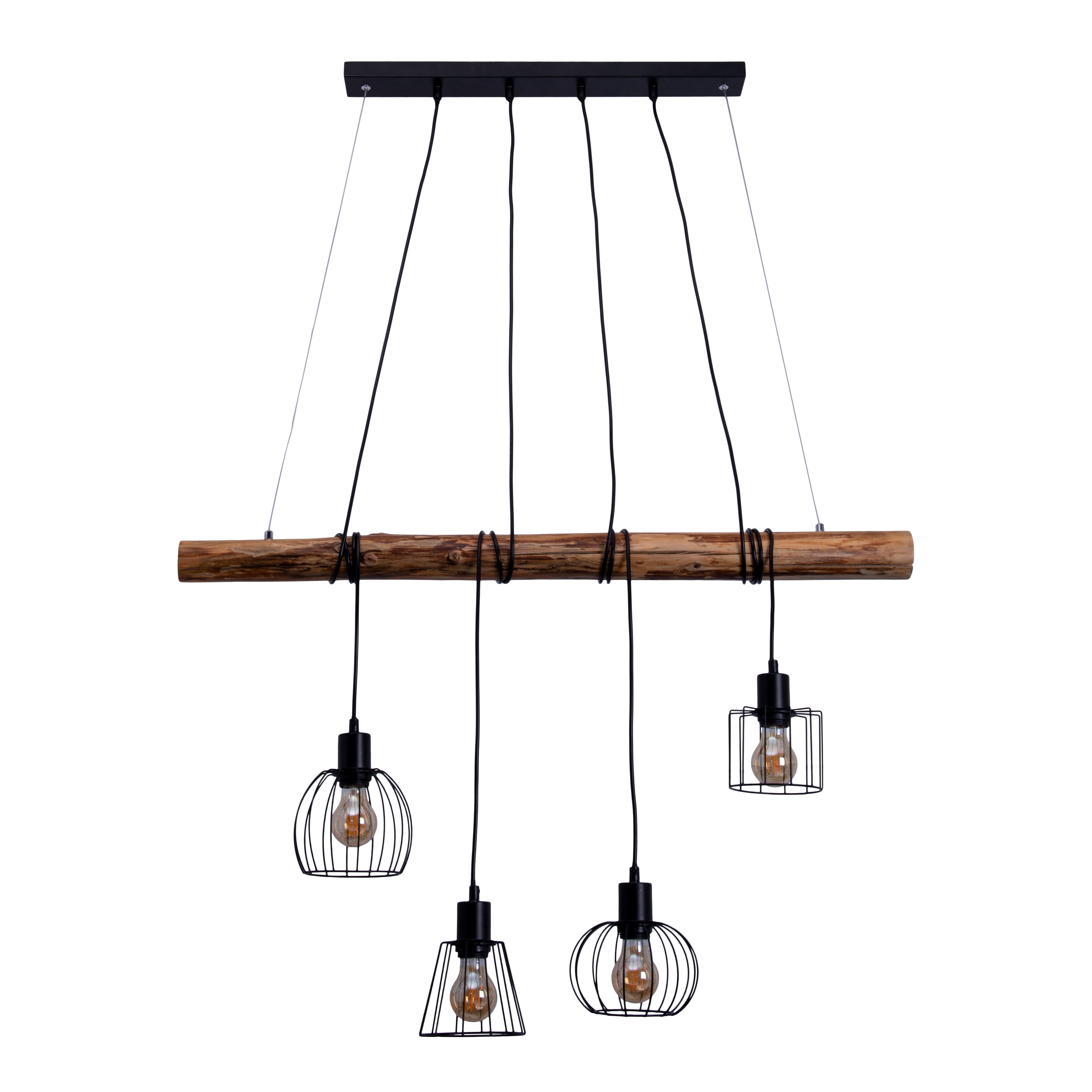 Une poutre en bois avec des lumières suspendues de différentes formes géométriques.