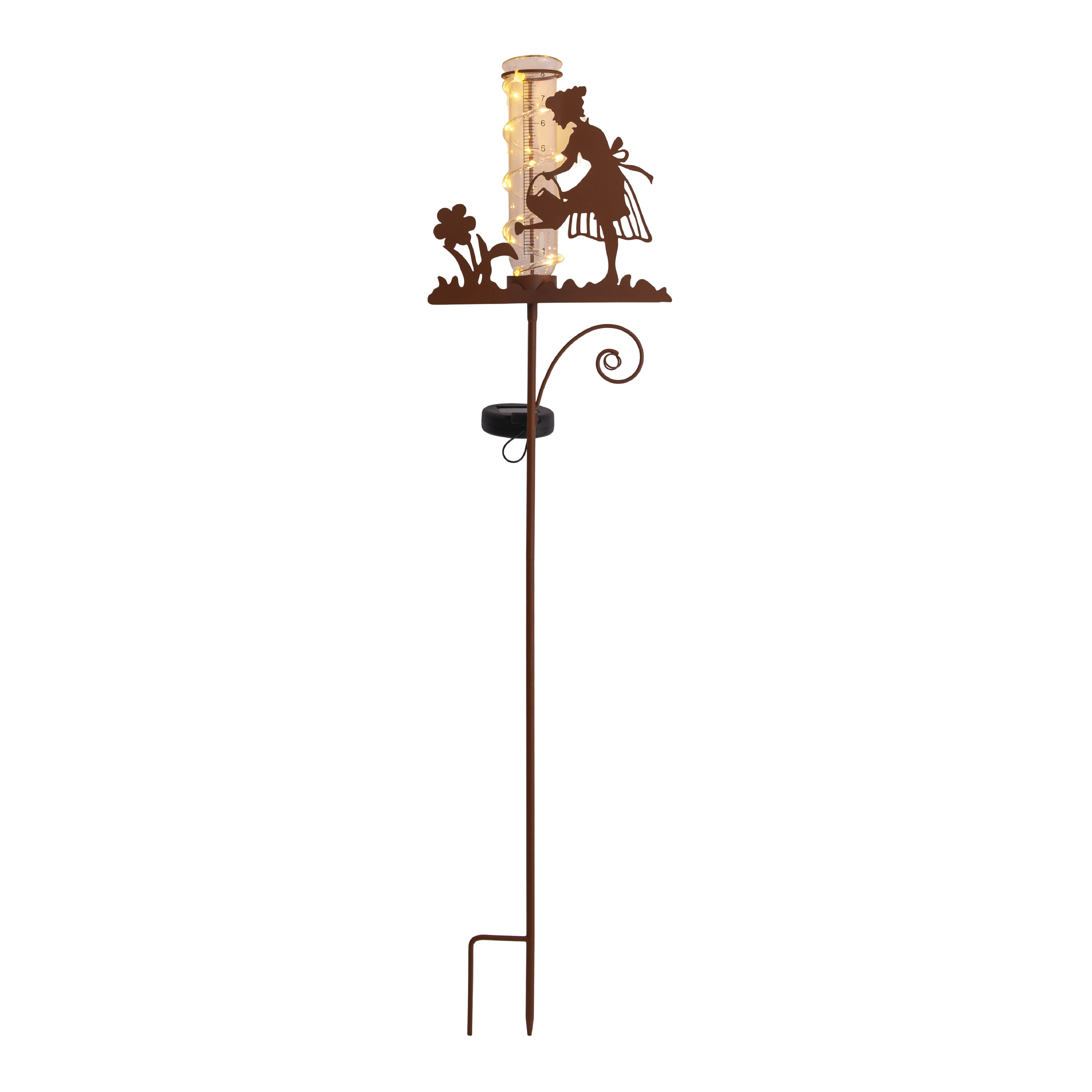Metall-Gartenstecker mit Silhouette einer Frau beim Gießen von Pflanzen, mit Lichtern und Regenmesser.