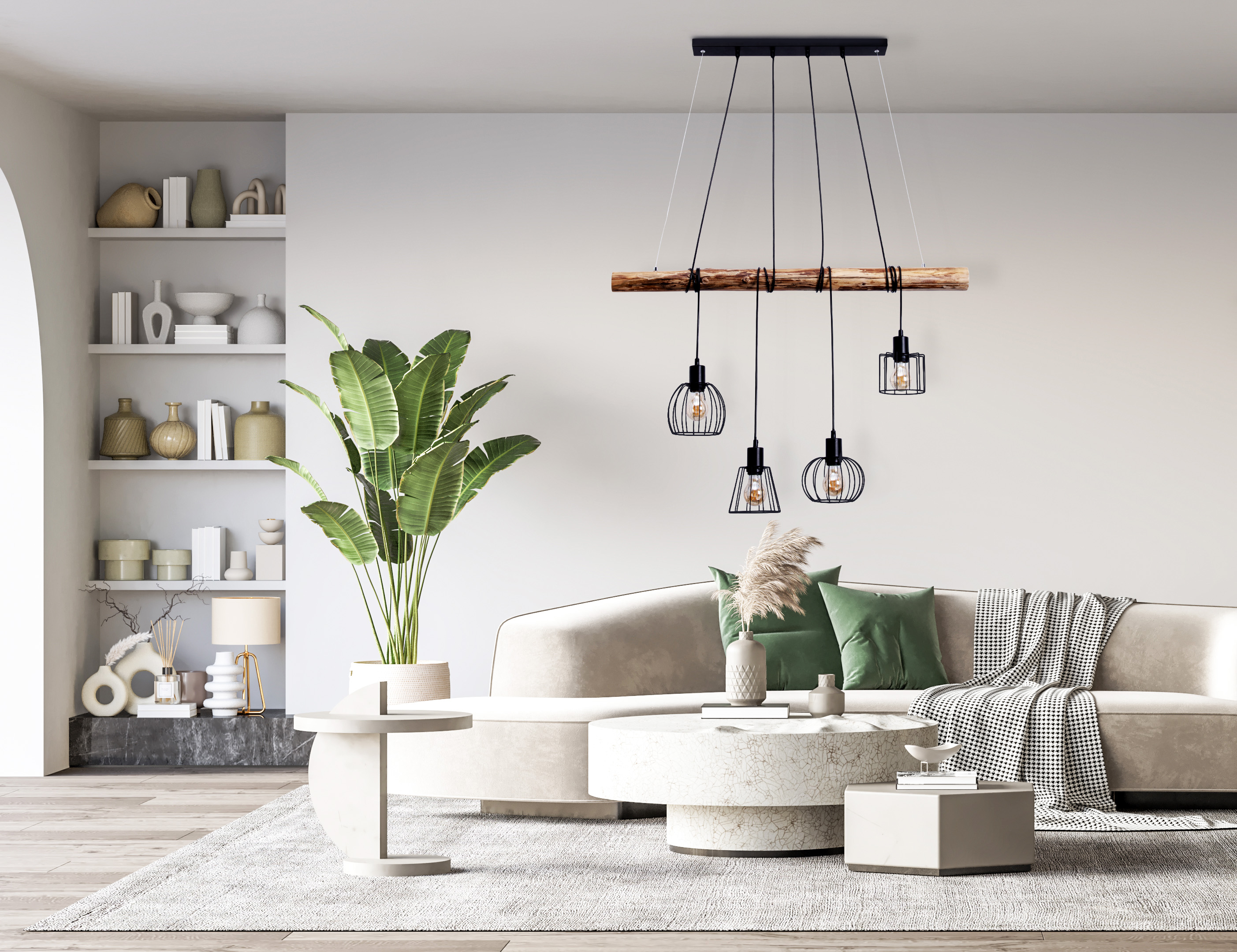 Salon moderne avec canapé beige, plantes et lustre à poutre en bois avec lampes suspendues.
