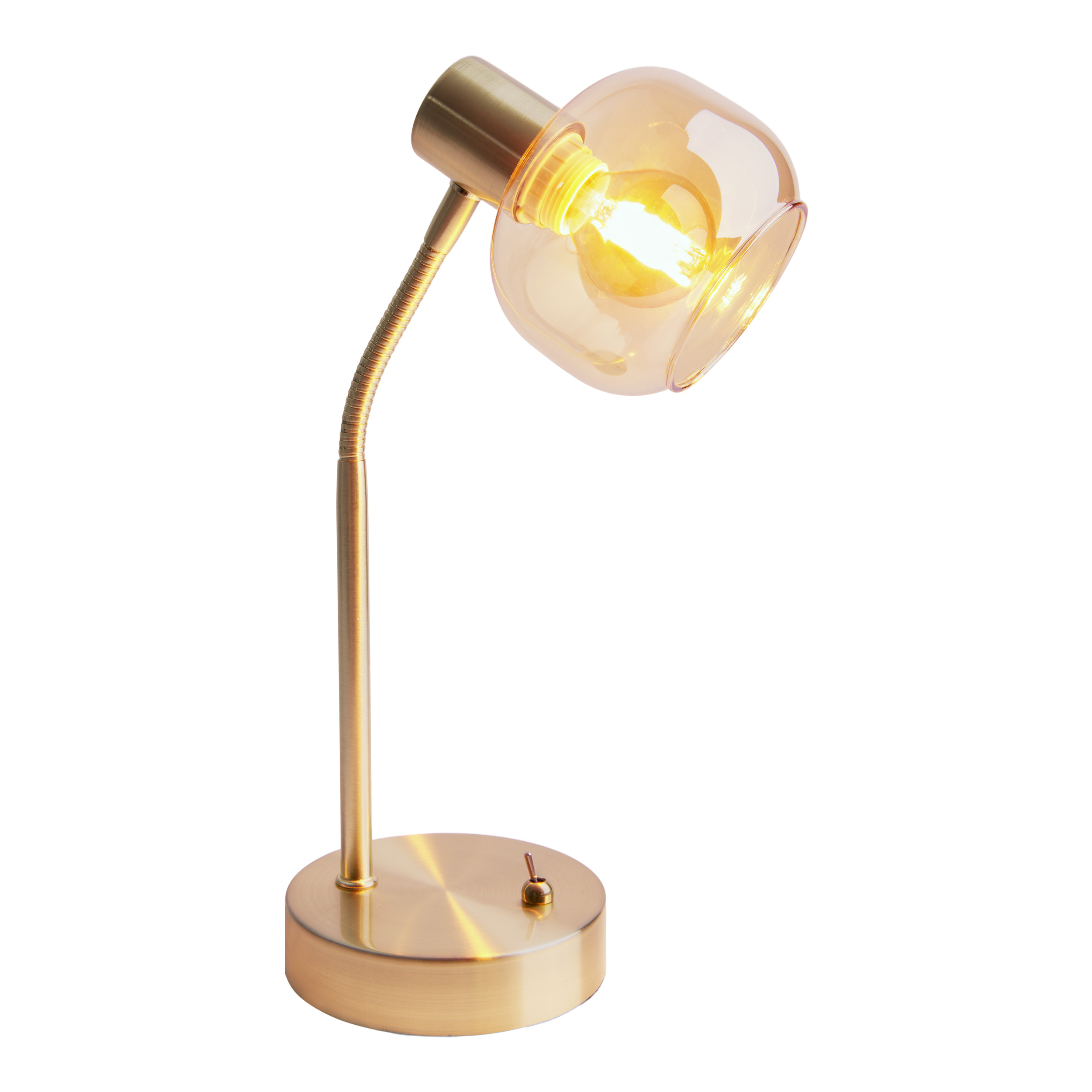 Goldene Schreibtischlampe mit gebogenem Hals und bernsteinfarbenem Glasschirm. Am Sockel befindet sich ein Schalter.