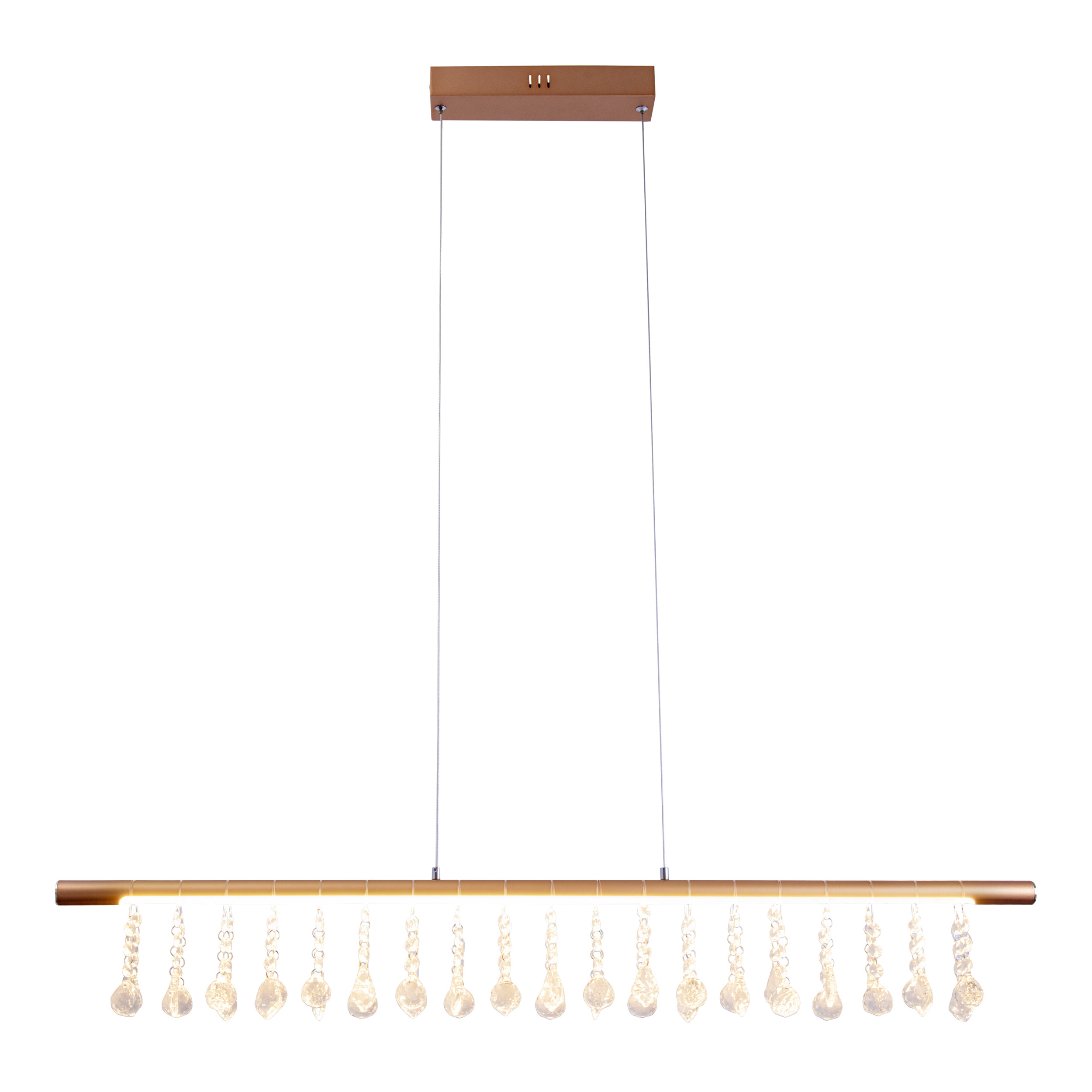 Moderne Pendelleuchte mit bronzefarbenem Balken und hängenden Kristallornamenten. Vor weißem Hintergrund.