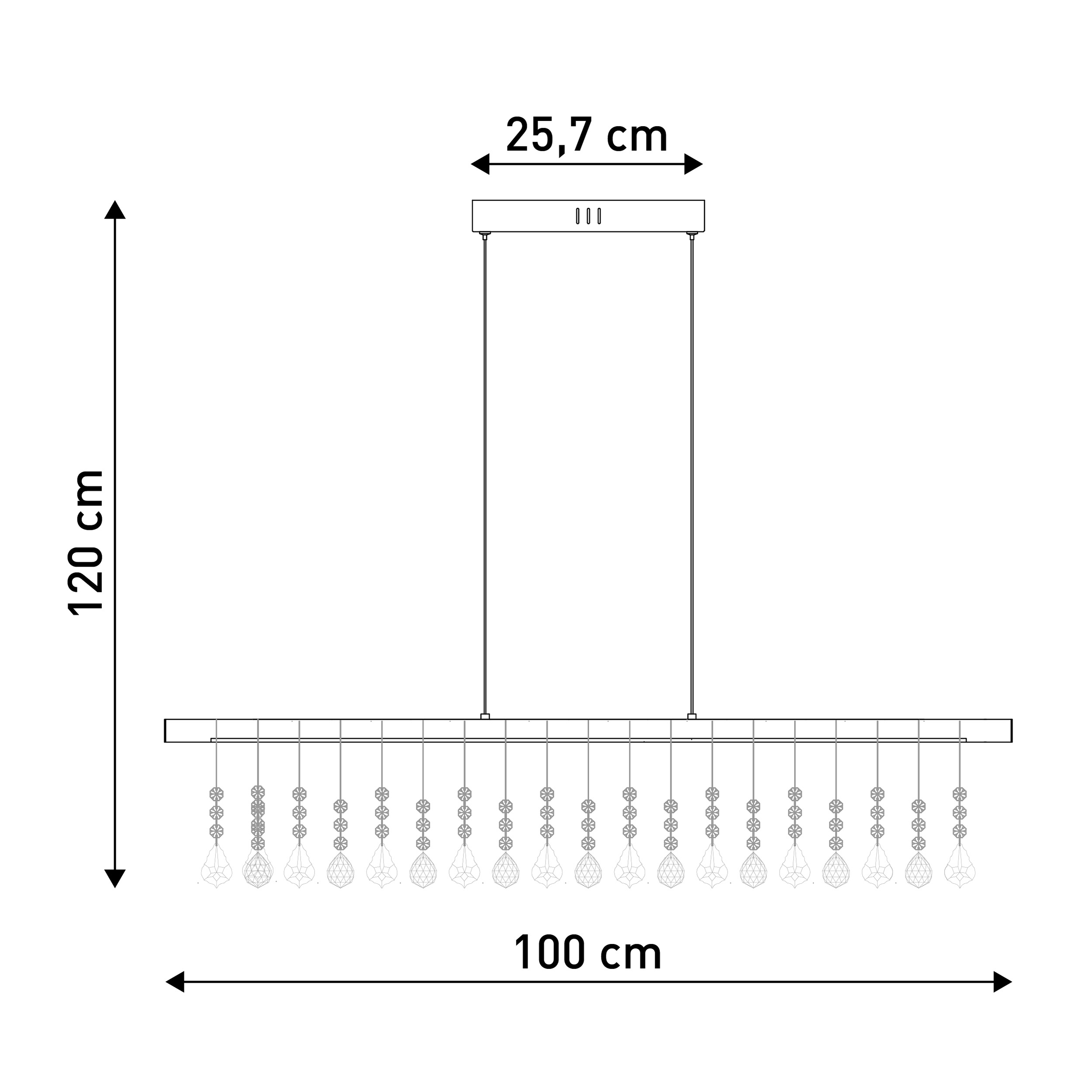 Ein Kronleuchter-Design mit Abmessungen: 120 cm Höhe, 100 cm Breite und 25,7 cm für die Oberseite.