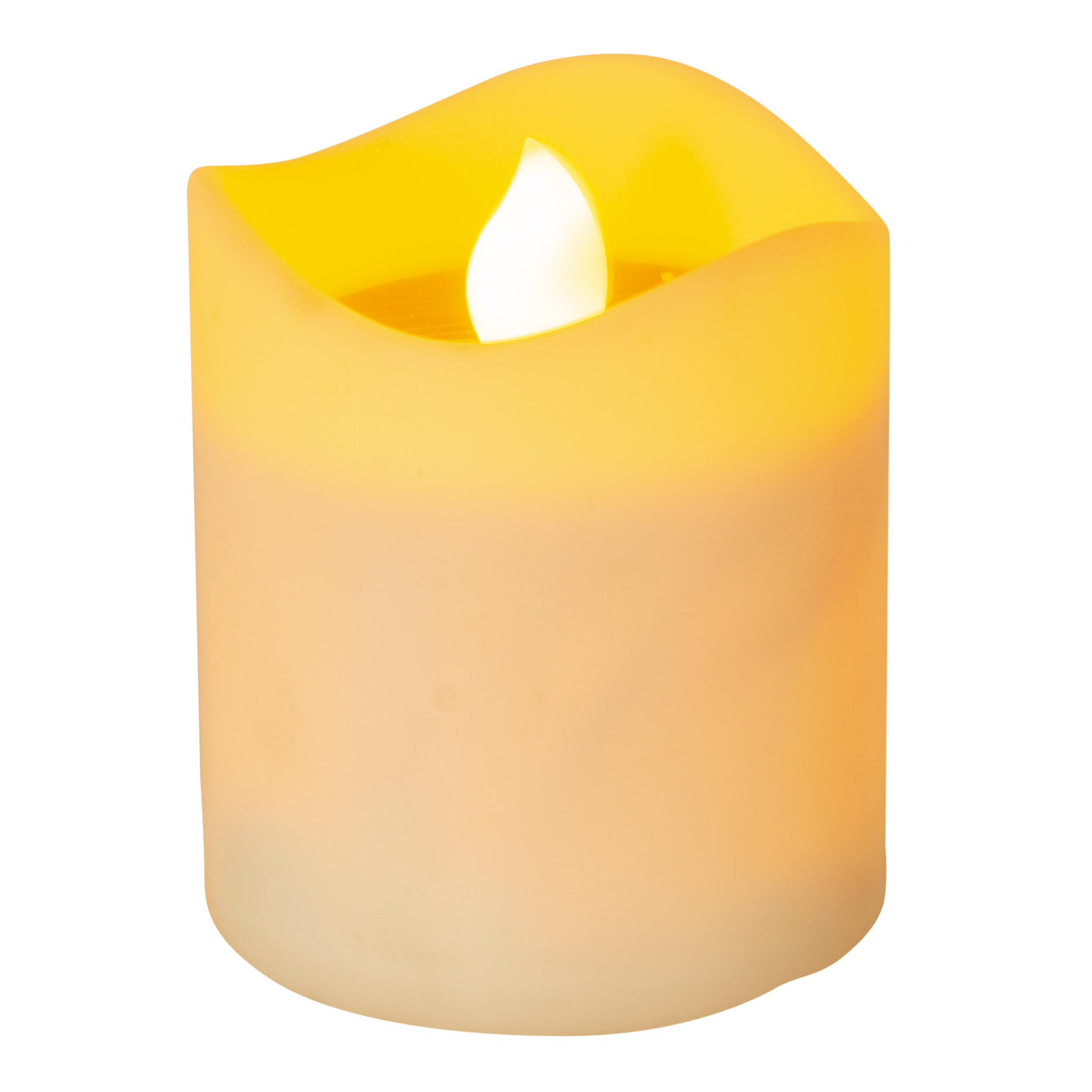 Ein kleines, kerzenförmiges Licht mit einer flackernden gelben Flamme auf weißem Hintergrund.