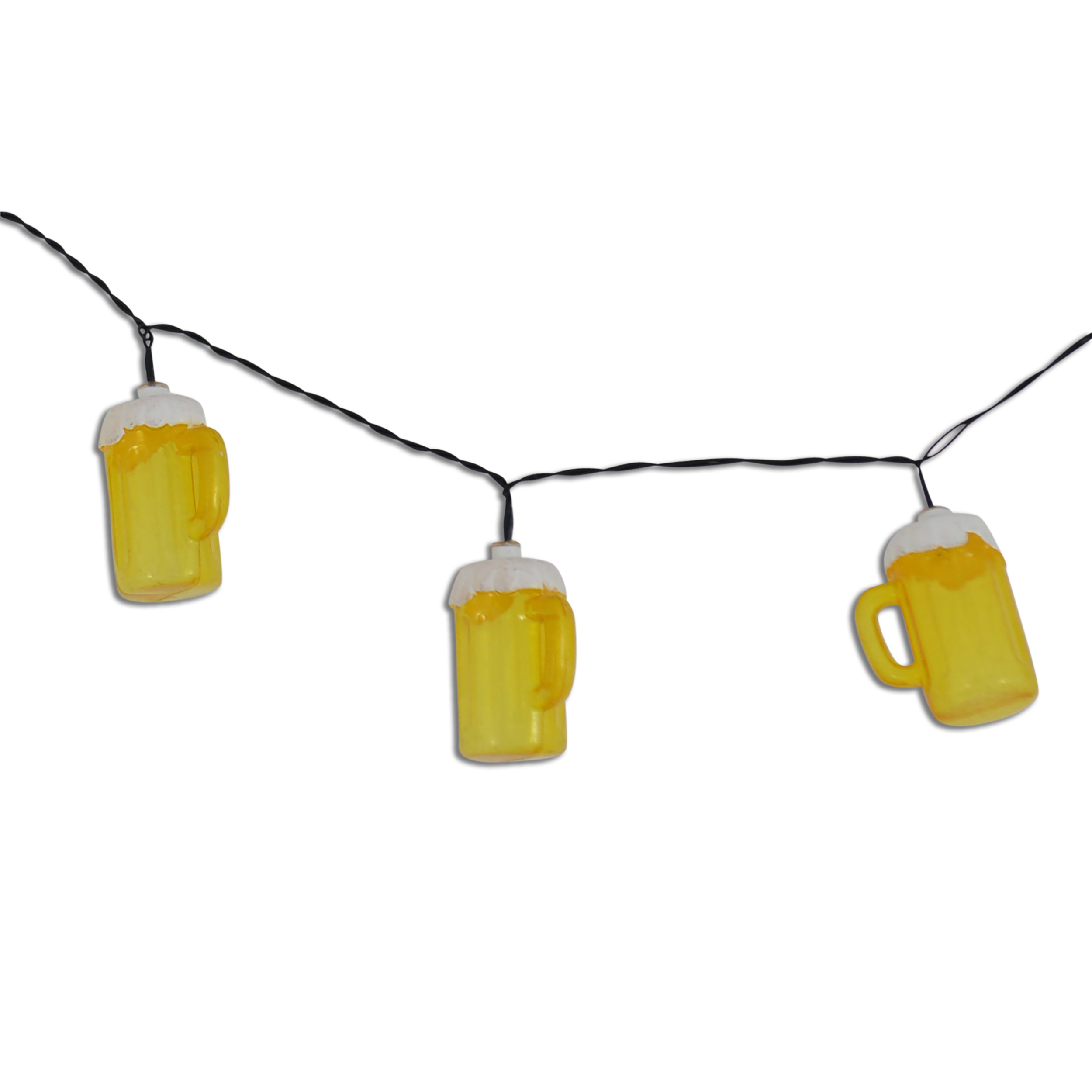 Lichterkette mit Bierkrug-Leuchten, gelbes Bier mit weißem Schaum. Vor weißem Hintergrund.