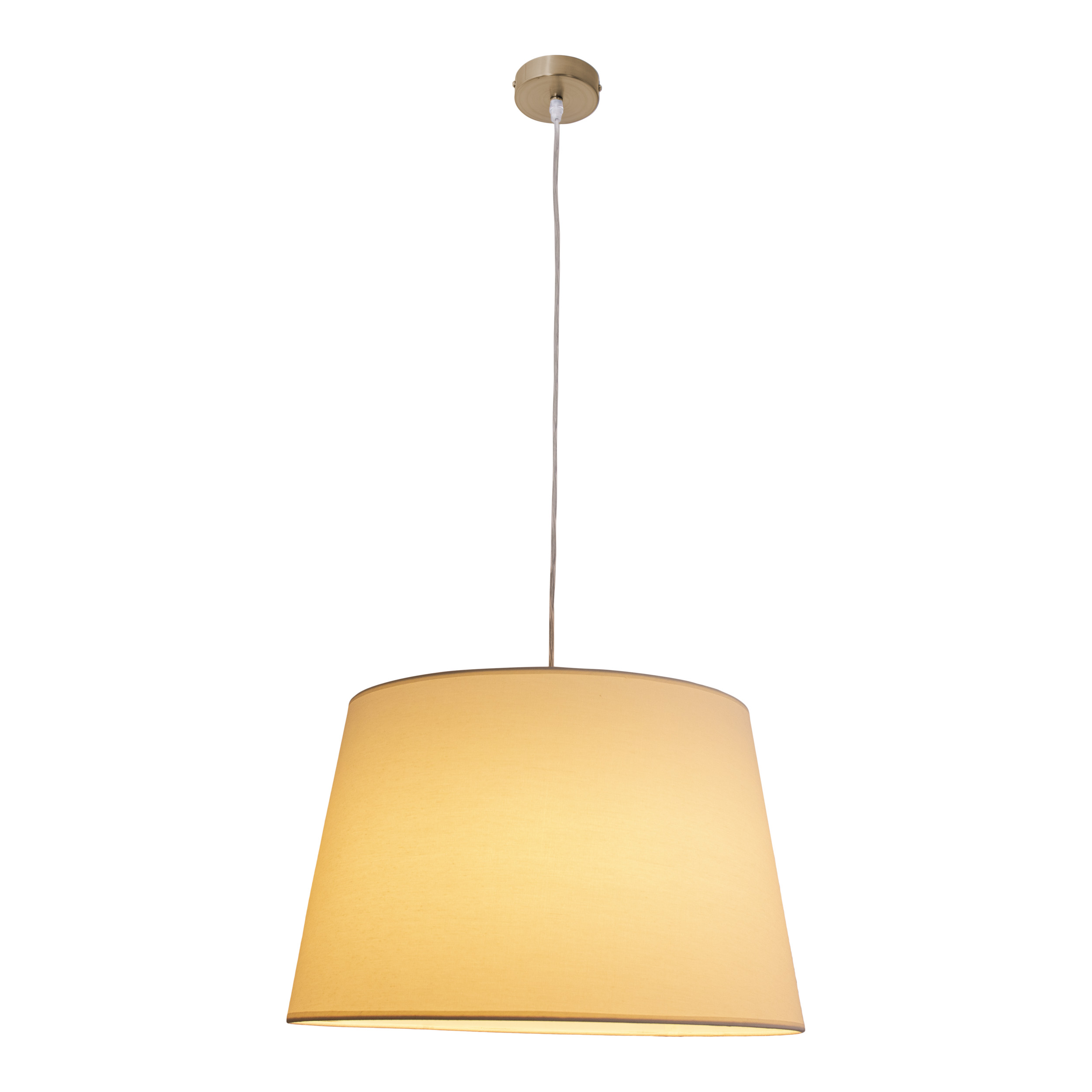 Eine beige Pendelleuchte mit einem hängenden Lampenschirm. Der Hintergrund ist weiß.