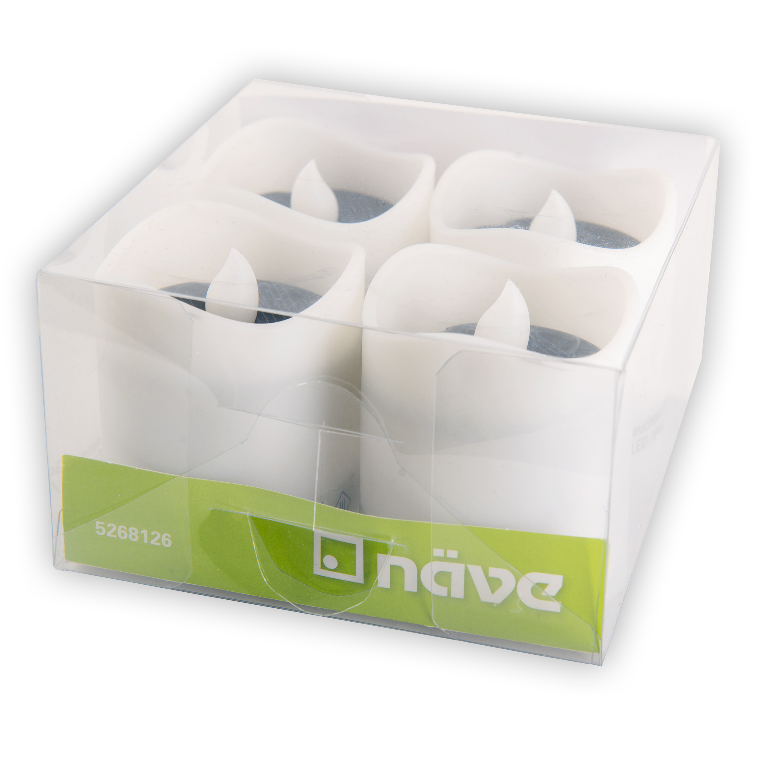Vier weiße LED-Kerzen in einer transparenten Plastikbox mit grünem Etikett.