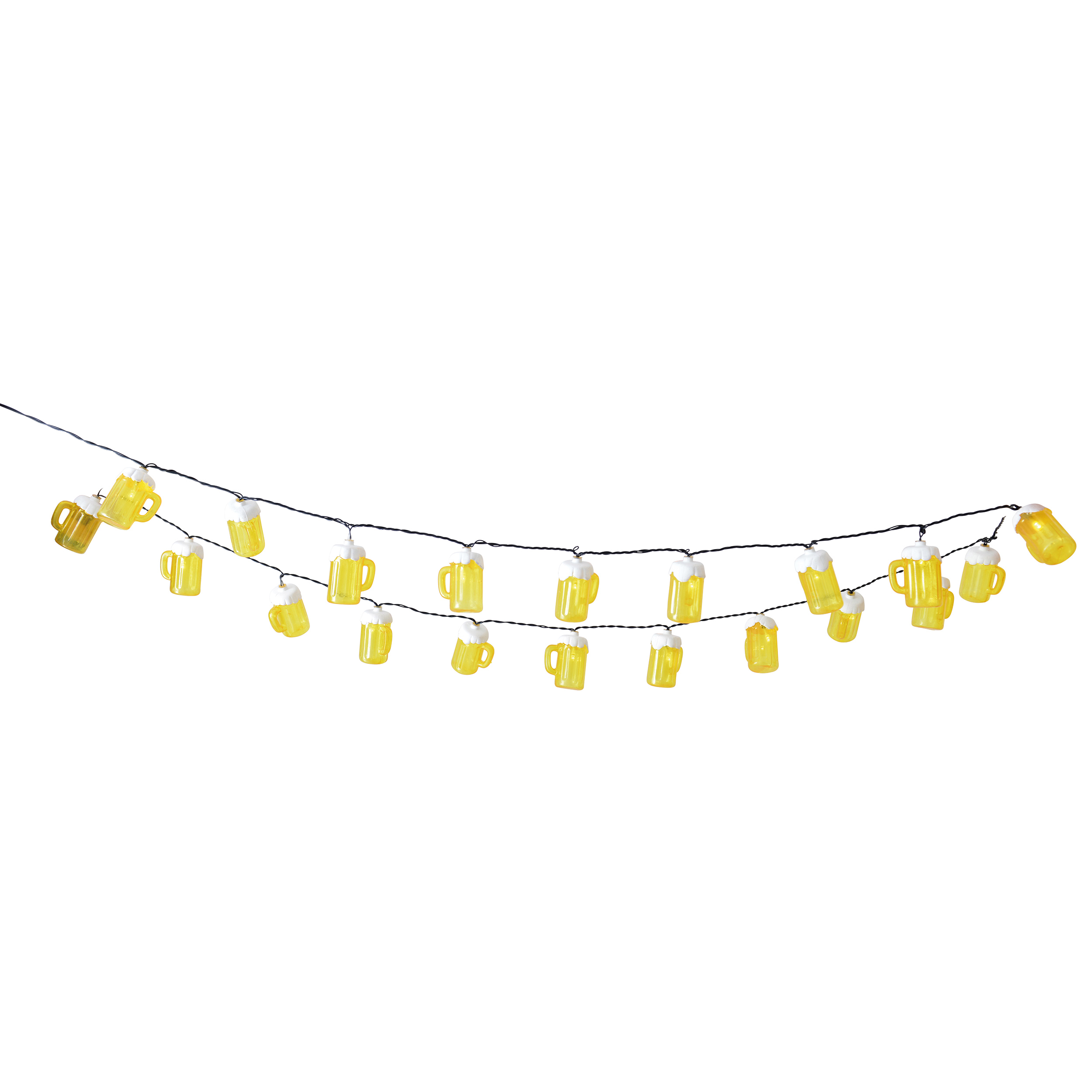Lichterkette mit bierkrugförmigen Lichtern, weißer Hintergrund.