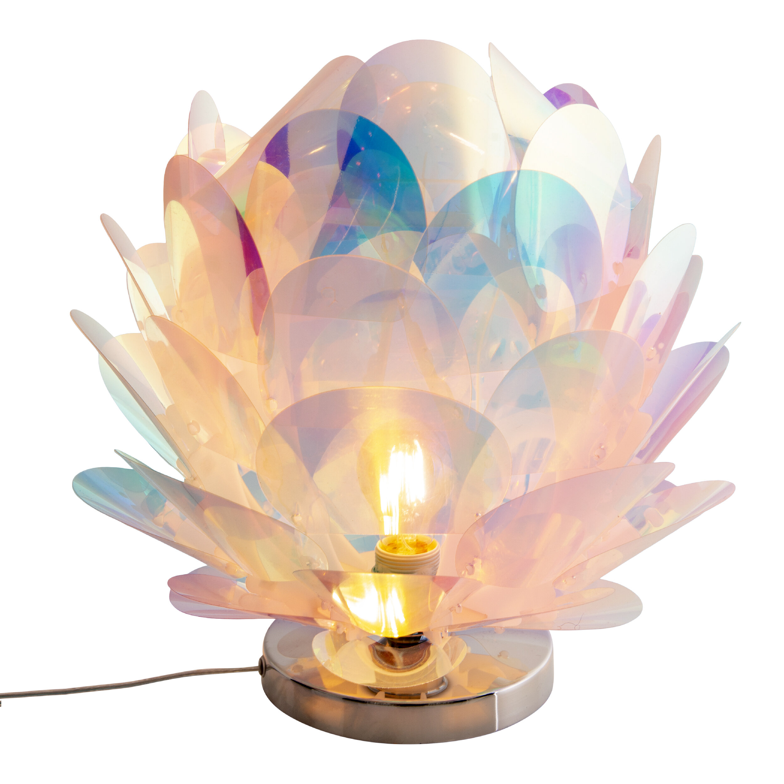 Eine blütenförmige Lampe mit irisierenden Blütenblättern und einer leuchtenden Glühbirne.