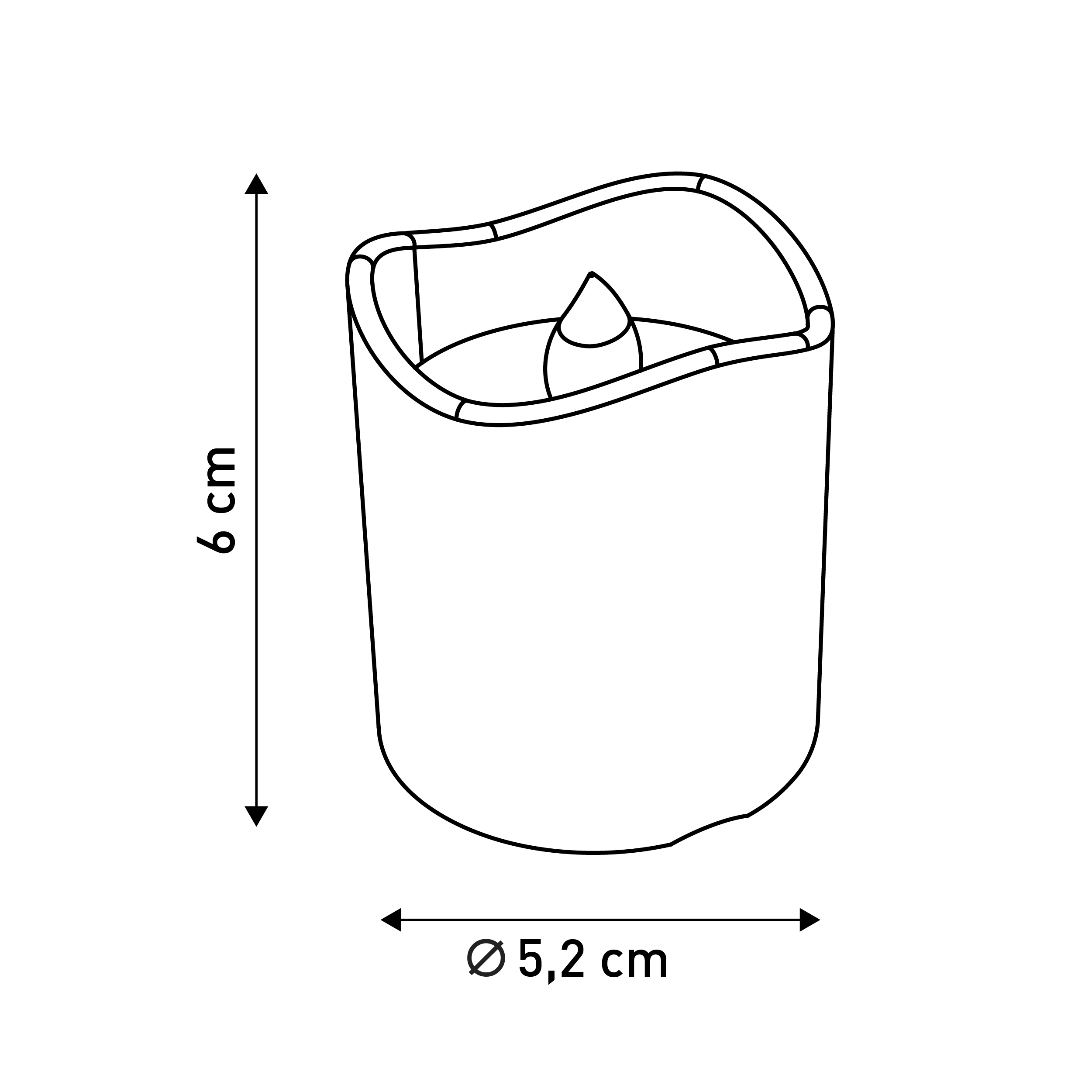 Eine weiße Kerze mit den Abmessungen: 6 cm Höhe, 5,2 cm Durchmesser.