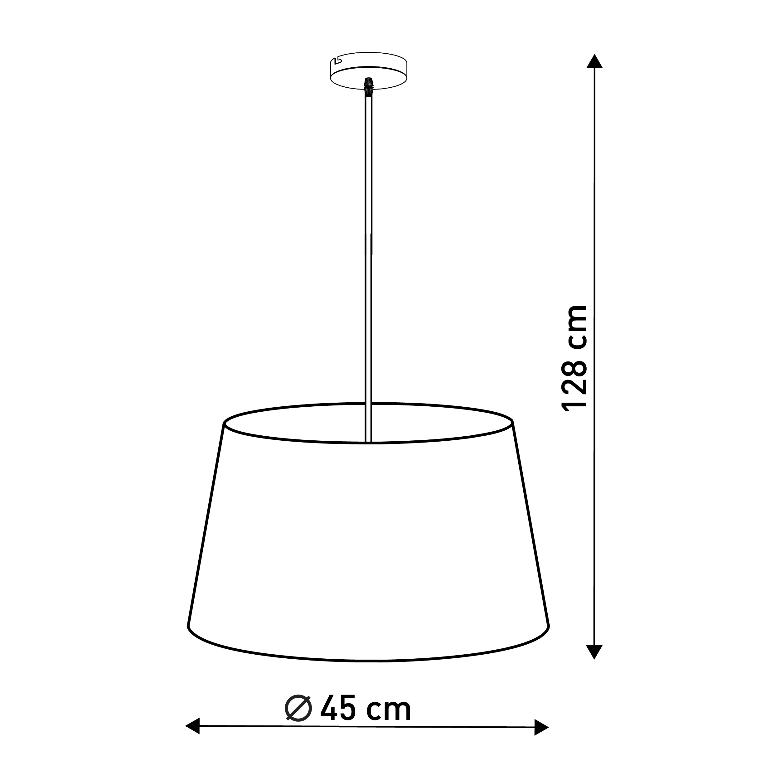 Weiße Deckenlampe mit weißem Lampenschirm. Abmessungen sind 128 cm x 45 cm.