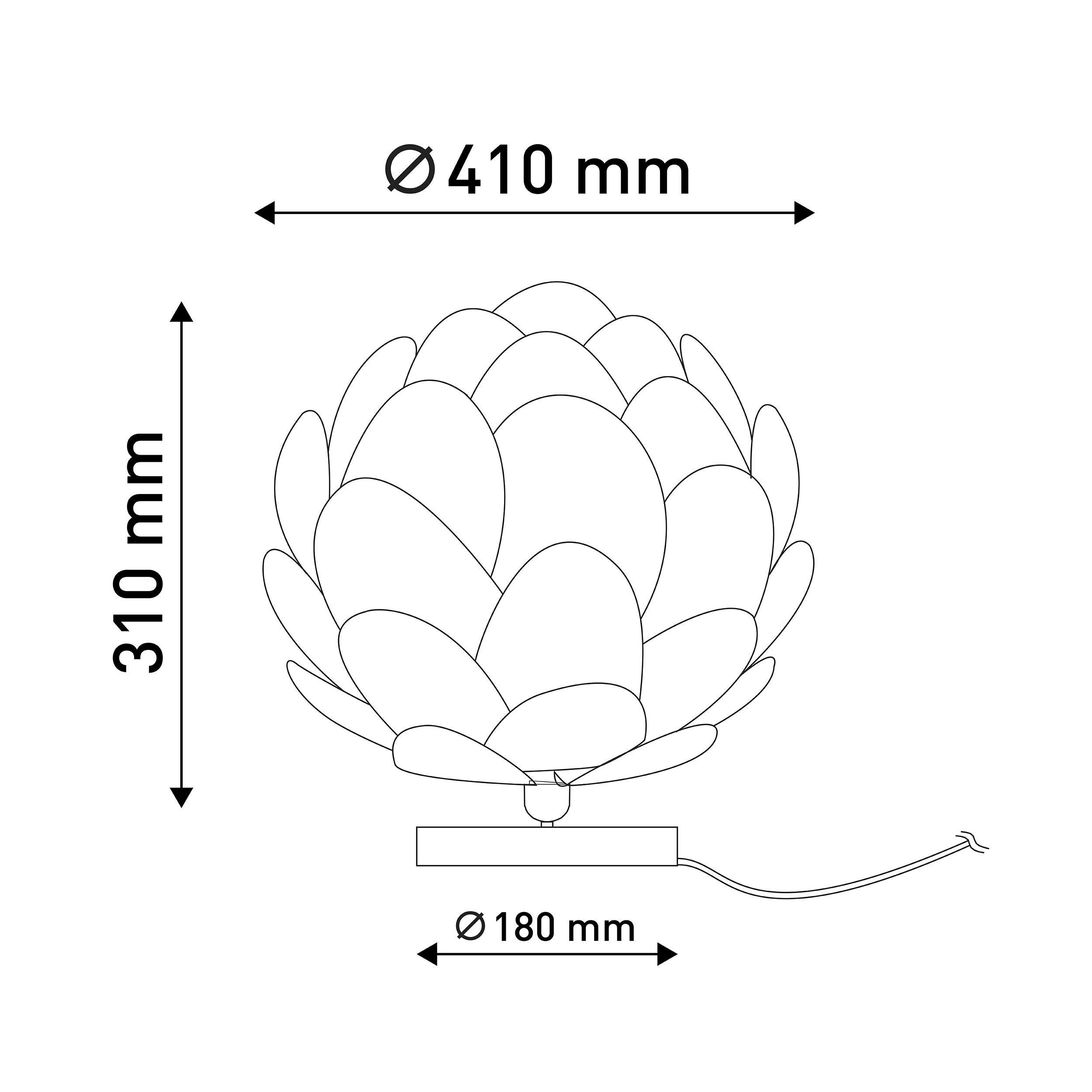 Eine weiße Strichzeichnung einer Lampe mit Abmessungen.